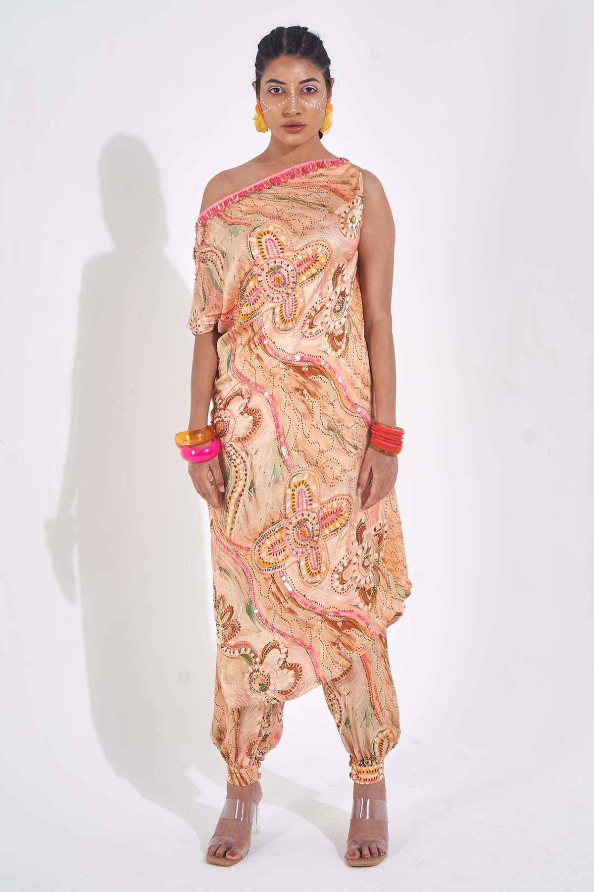 Demira Peach One Shoulder Kurta Set for women online at ScrollnShops