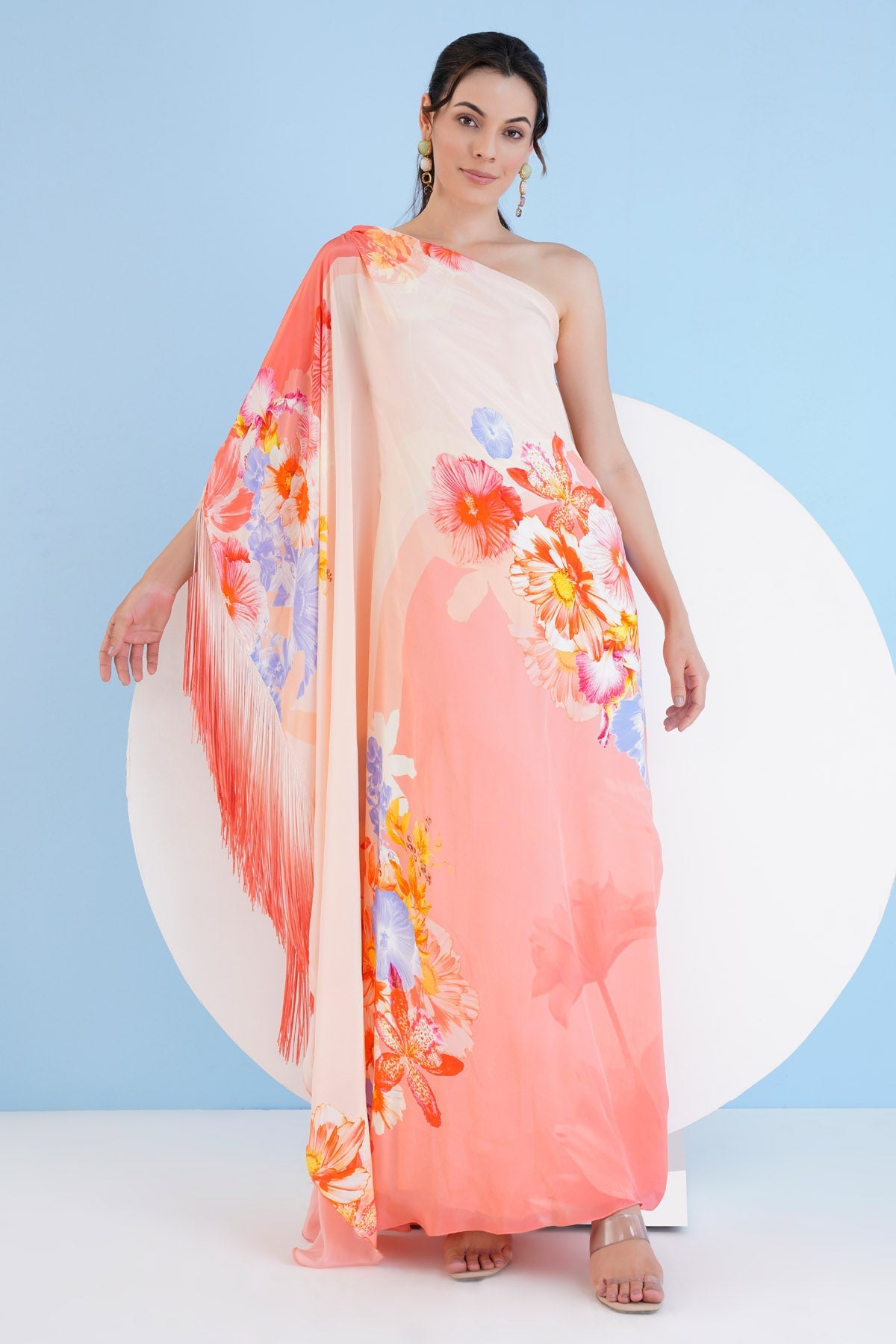 Buy Peach One Shoulder Long Kaftan by Mandira Wirk
