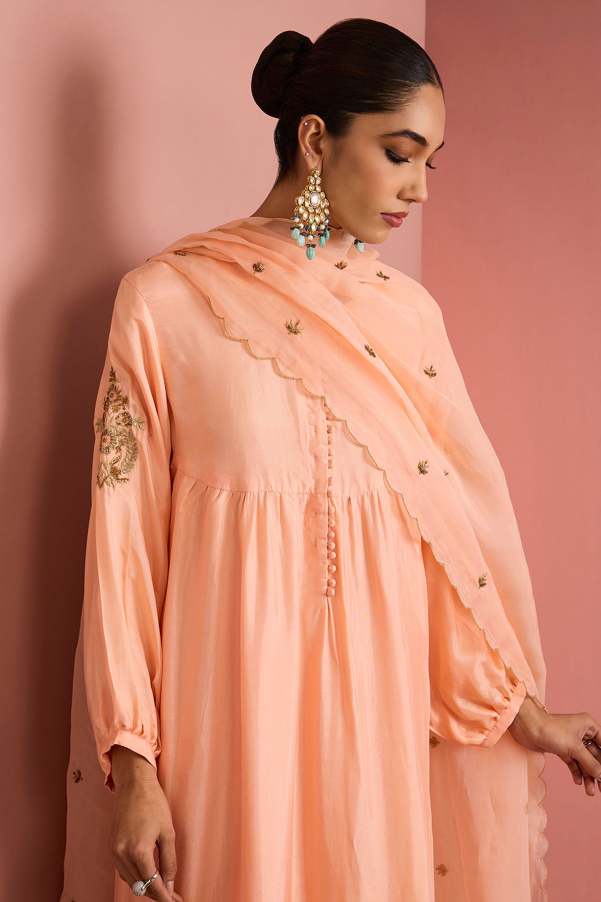 Peach Opara Silk Aari Kurta Set