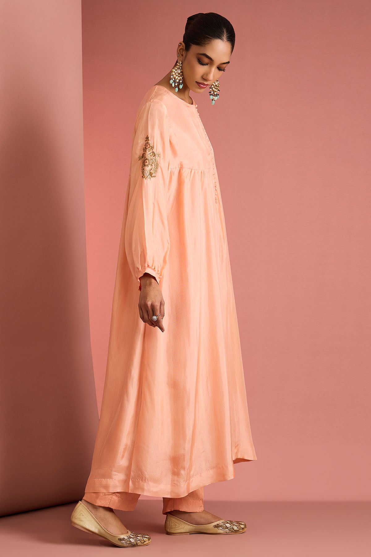 Peach Opara Silk Aari Kurta Set