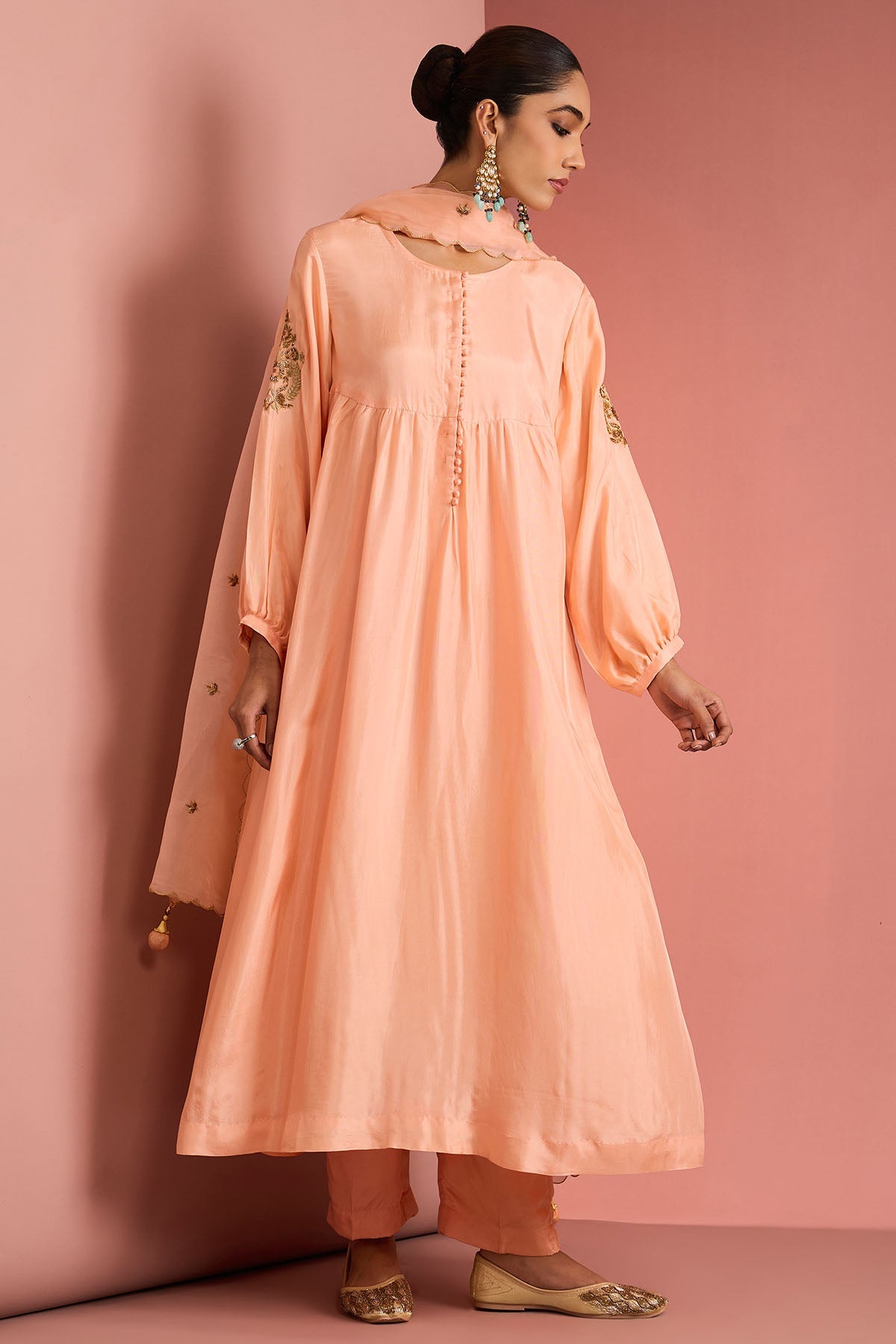 Buy Peach Opara Silk Aari Kurta Set for women by Milu Madan online available at scrollnshops
