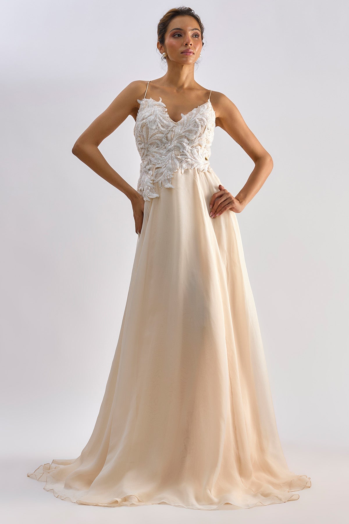 Buy Peach Organza Embellished Gown for women by Emblaze online available at scrollnshops
