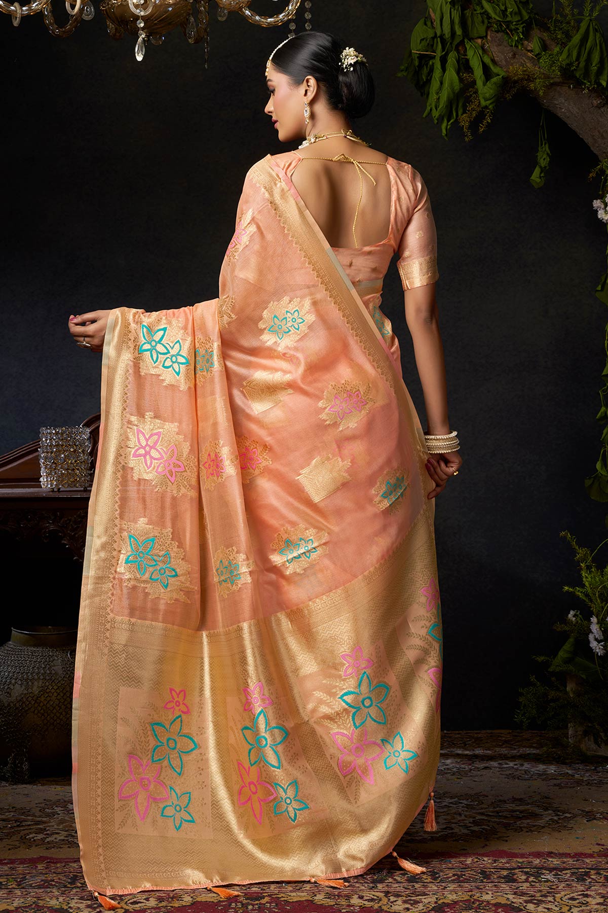 Peach Organza Khadi Zari Saree