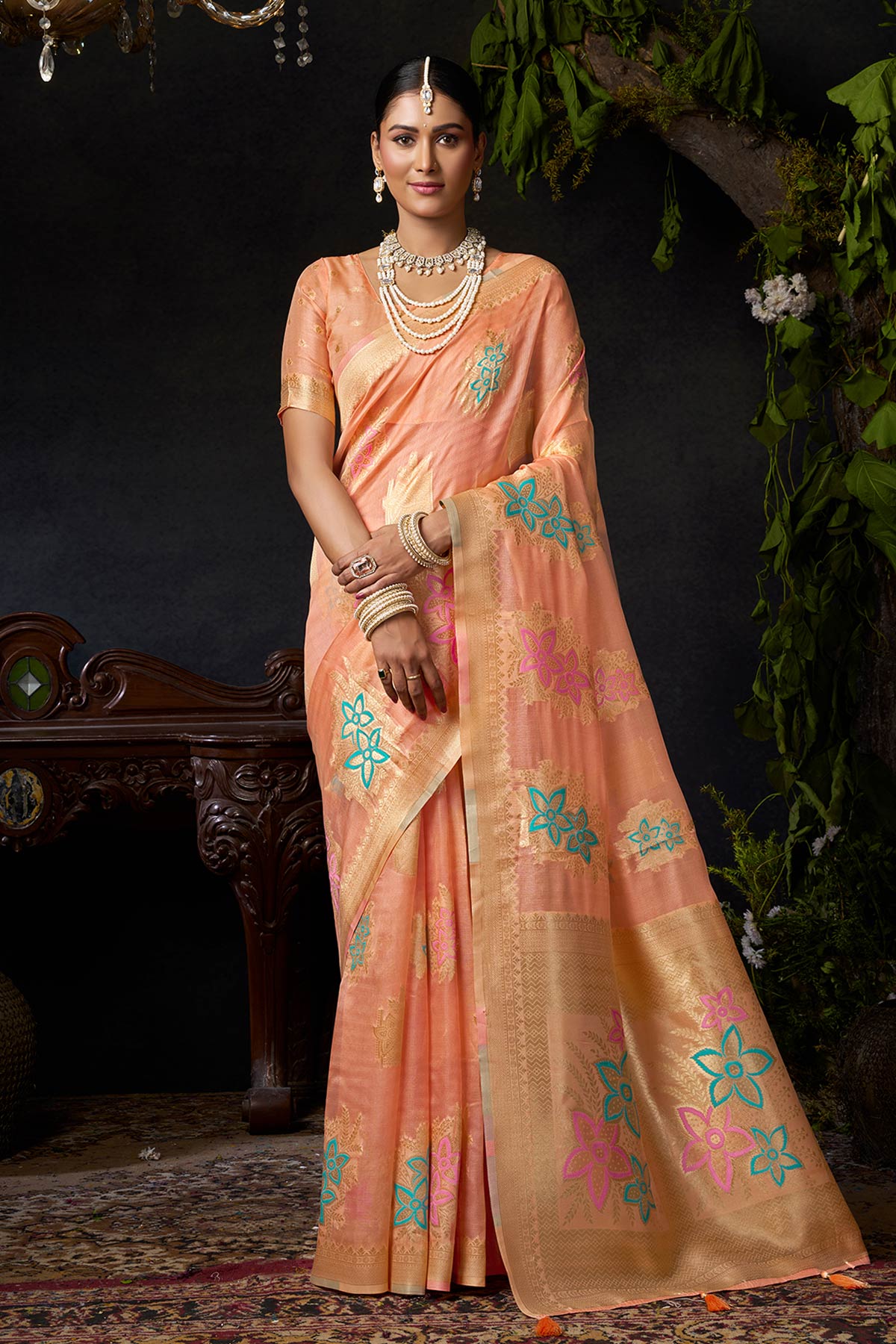 Buy Peach Organza Khadi Zari Saree for women by Jyoti Fashion online available at scrollnshops
