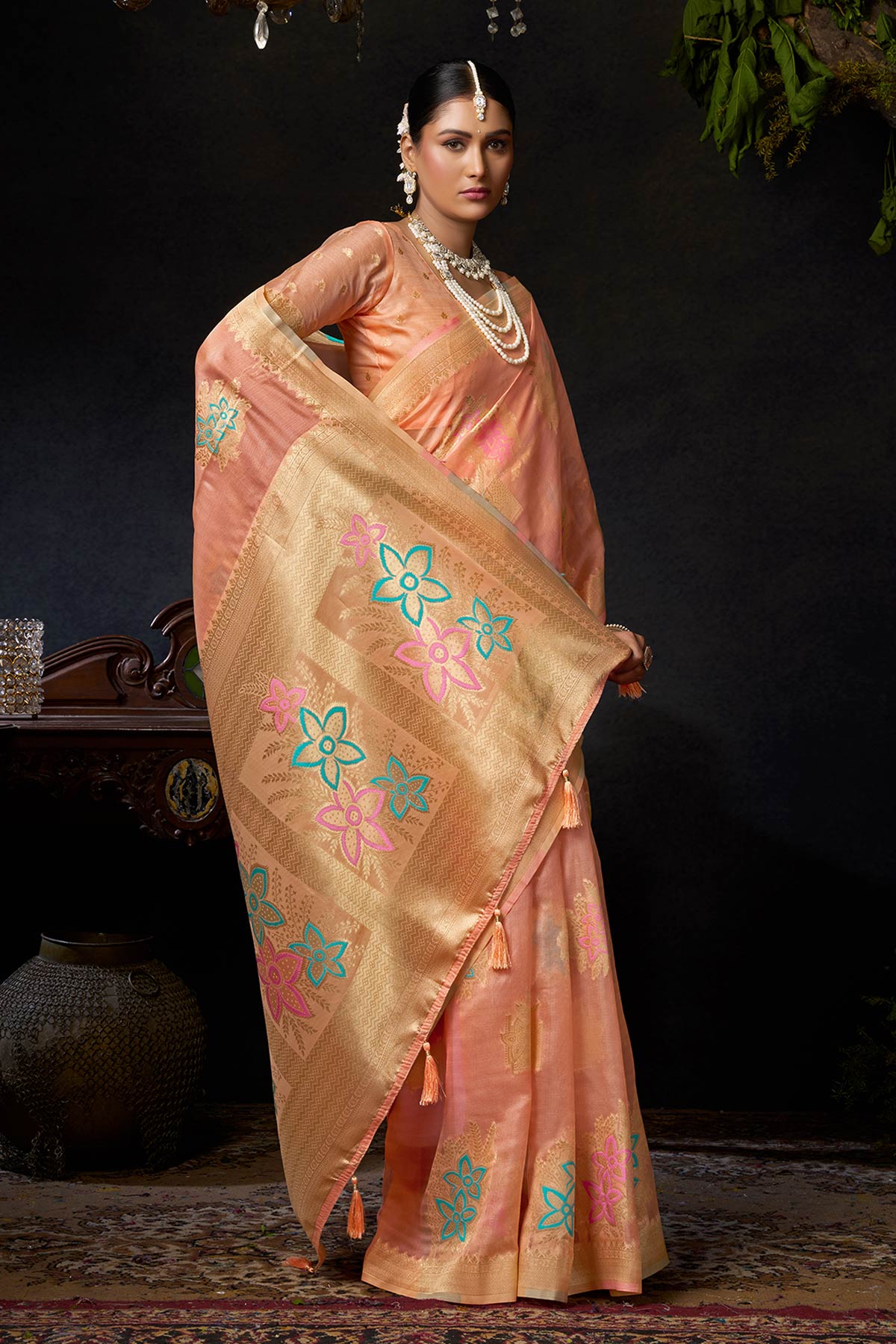 Peach Organza Khadi Zari Saree
