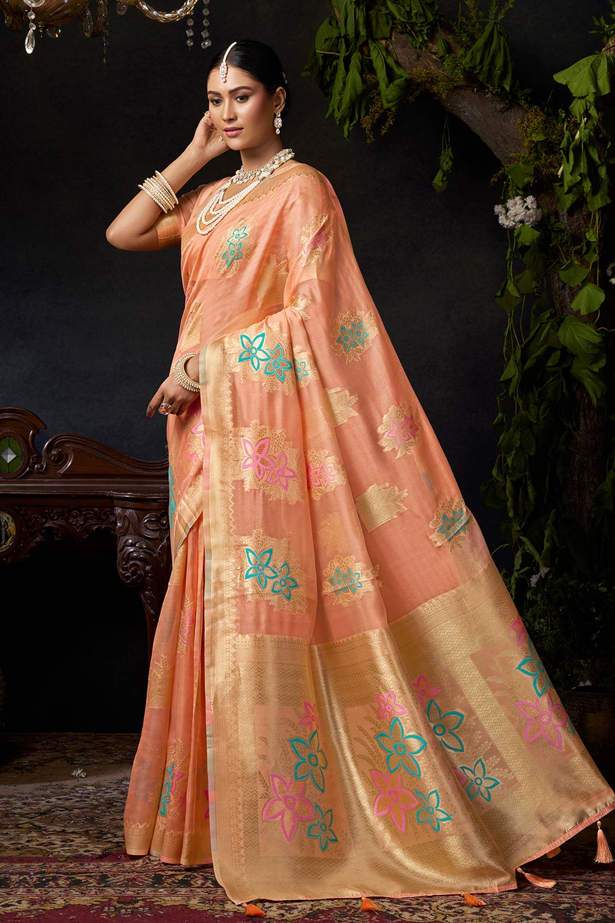Peach Organza Khadi Zari Saree