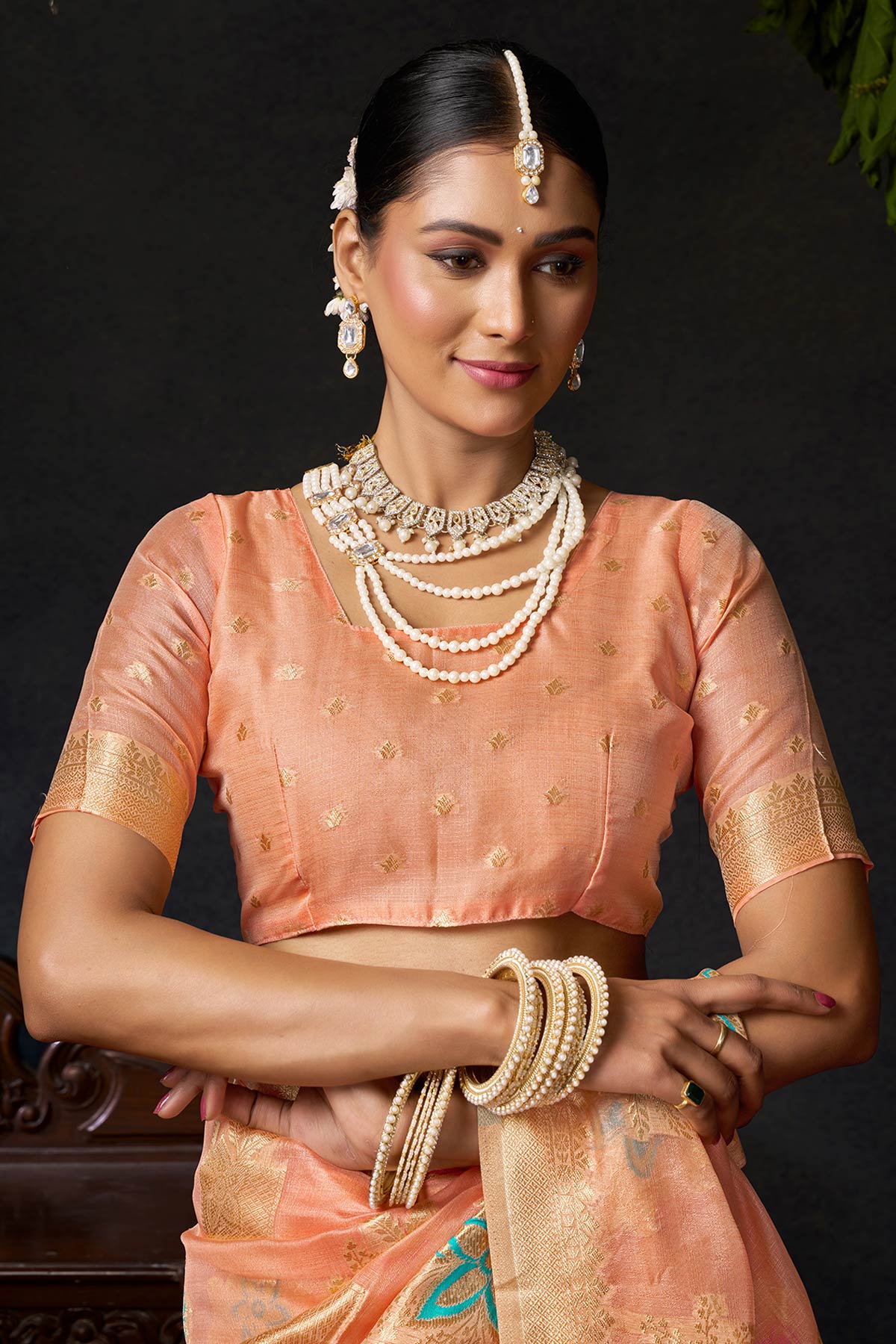 Peach Organza Khadi Zari Saree