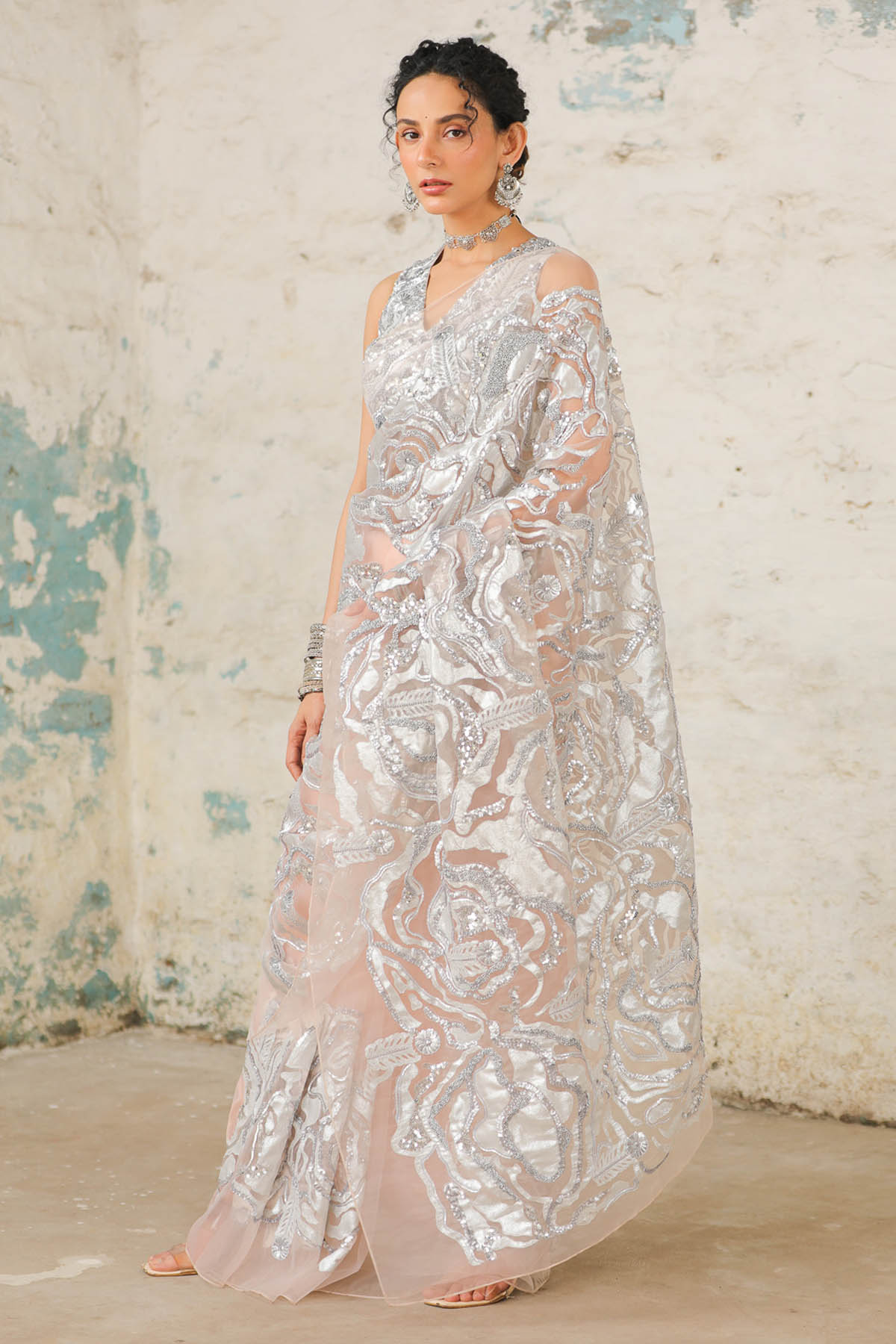 Peach Organza Saree & Blouse