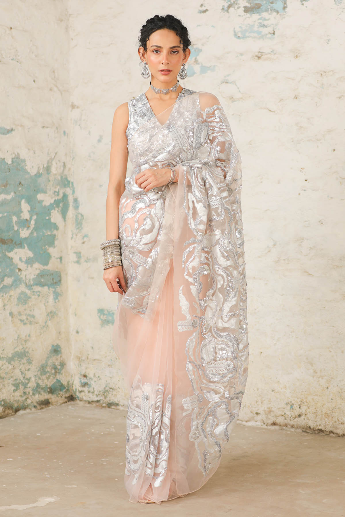 Saksham Neharicka Peach Organza Saree & Blouse for women online at ScrollnShops