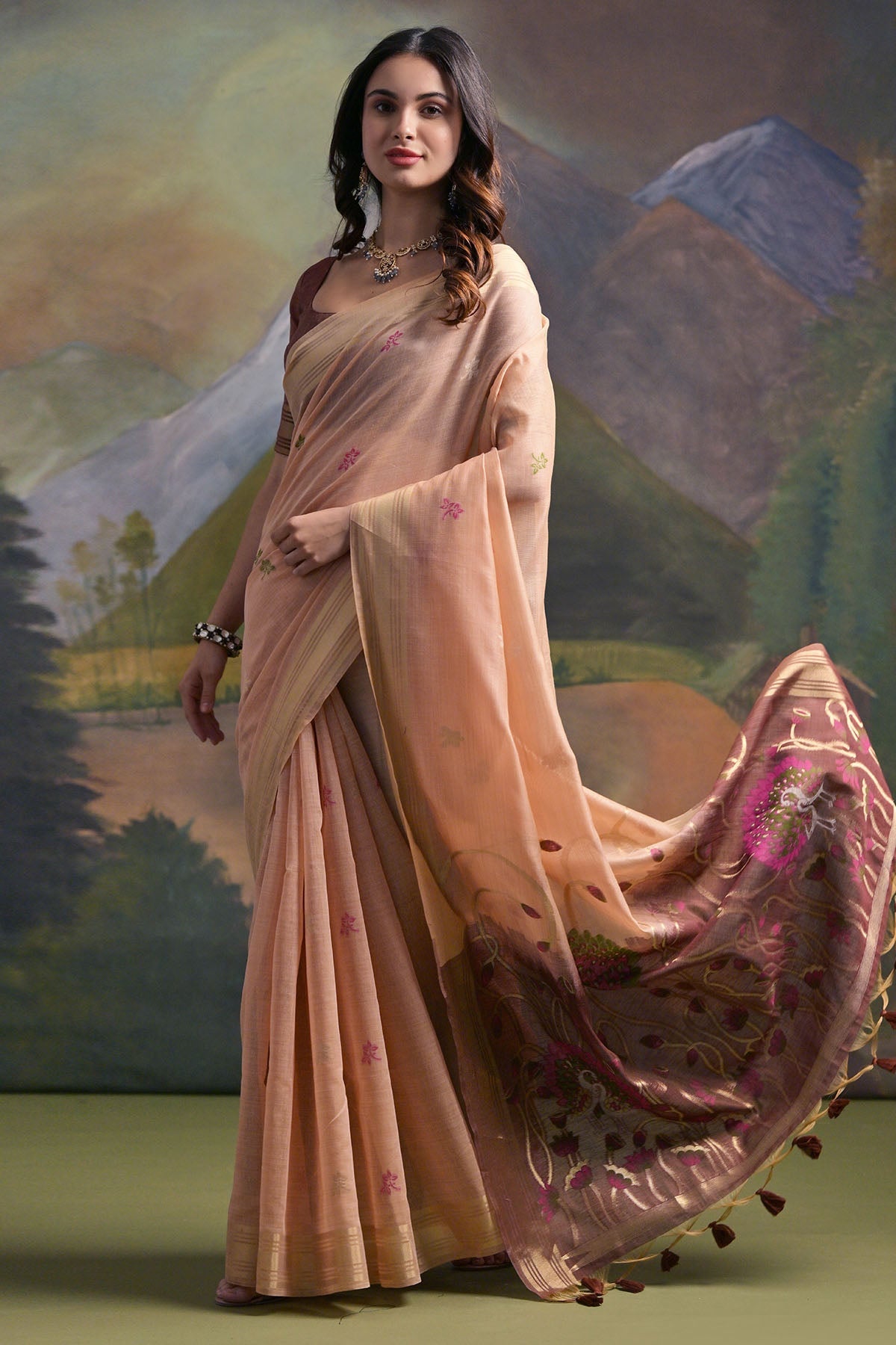 Buy Peach Peacock Thread Work Saree by Lili Lala for women online at ScrollnShops