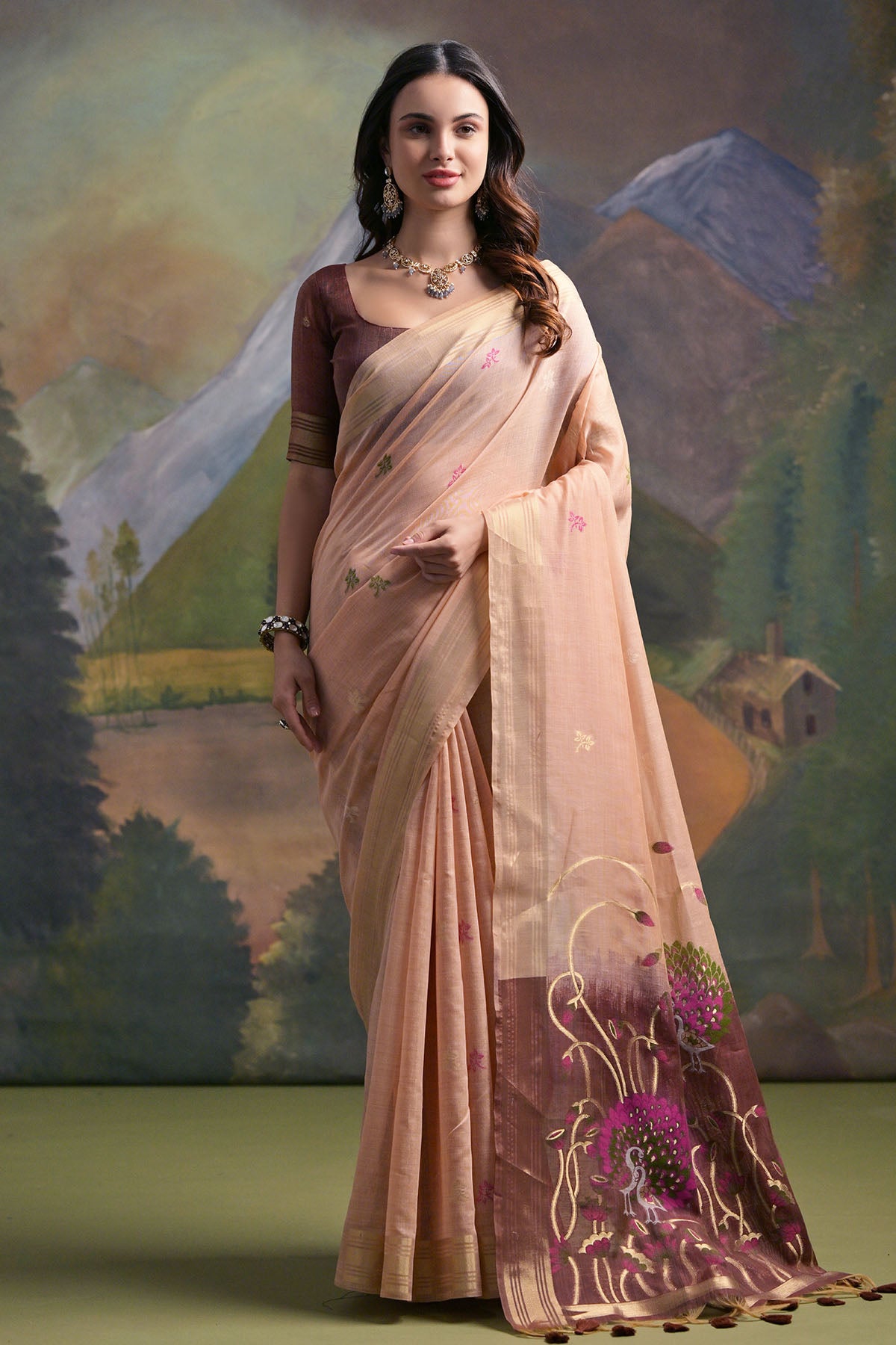 Peach Peacock Thread Work Saree
