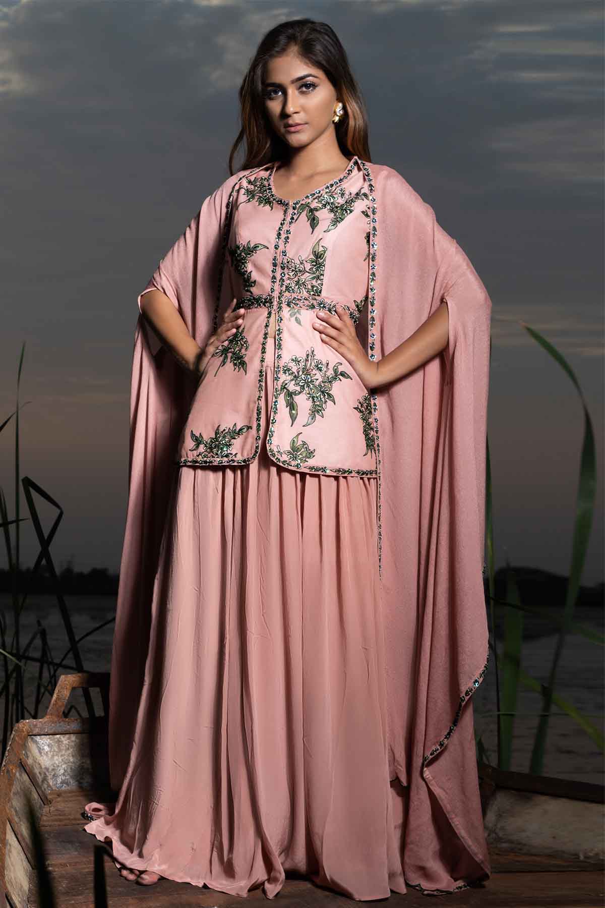 Sejal Kamdar Peach Peplum Top & Flared Skirt for women online at ScrollnShops