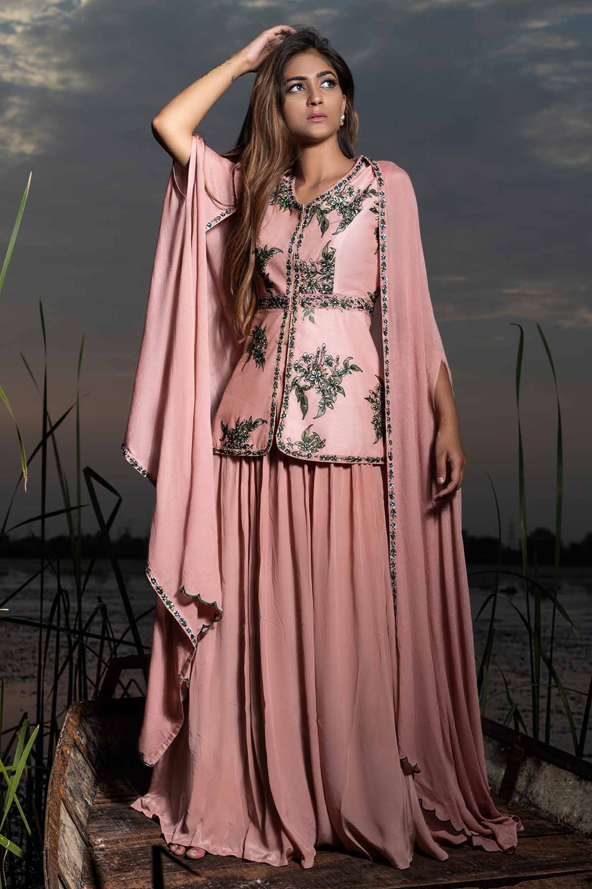 Peach Peplum Top & Flared Skirt