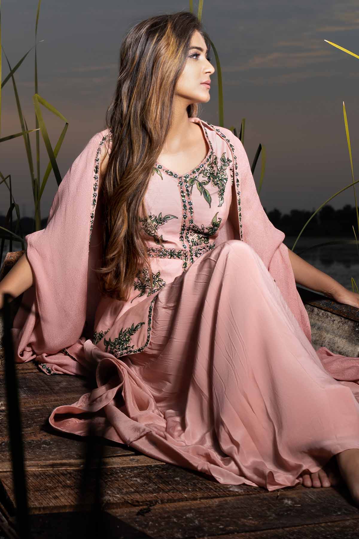 Peach Peplum Top & Flared Skirt