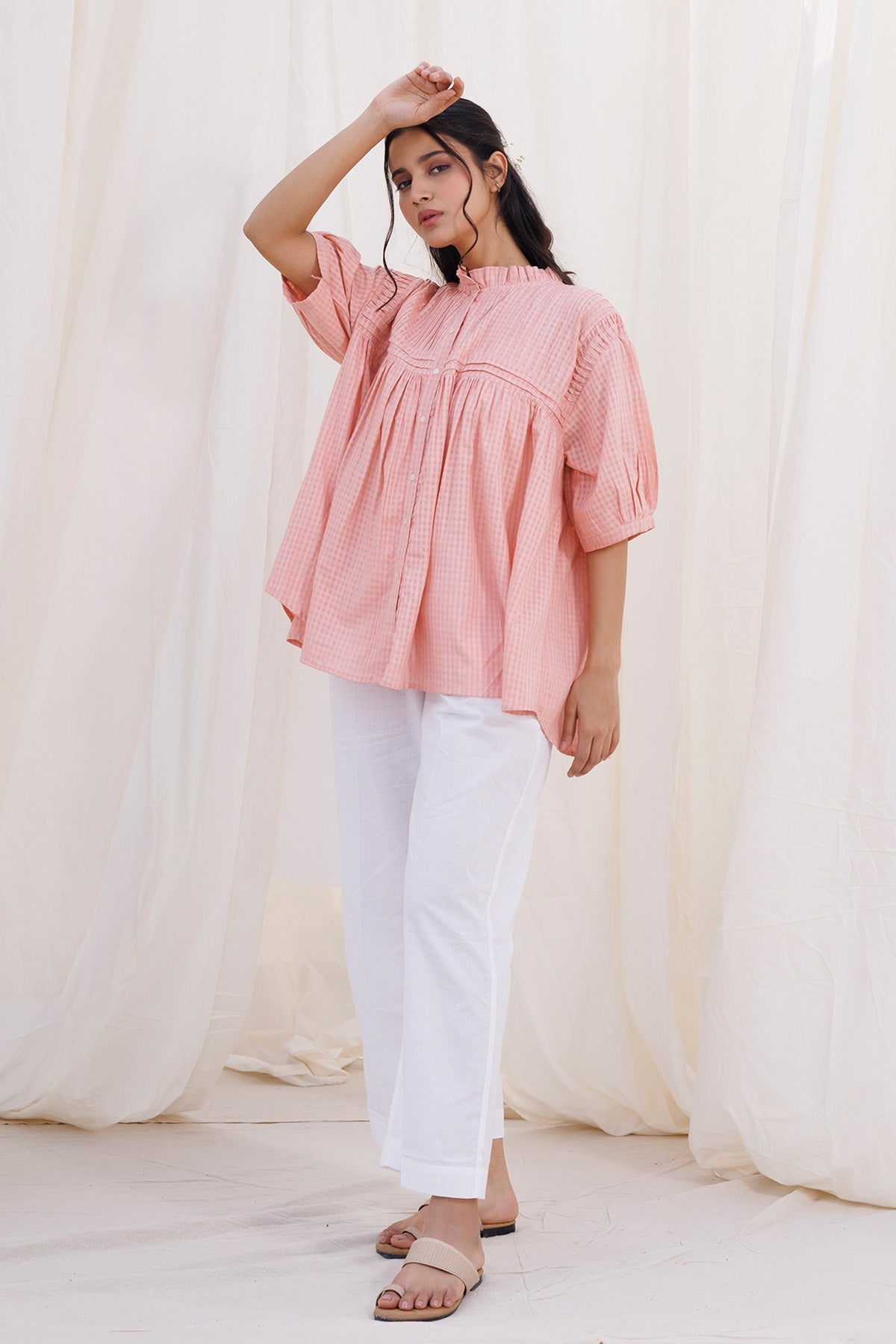 Buy Peach Pintuck Elbow Sleeves Top by Label Surabhi Raj for women online at ScrollnShops