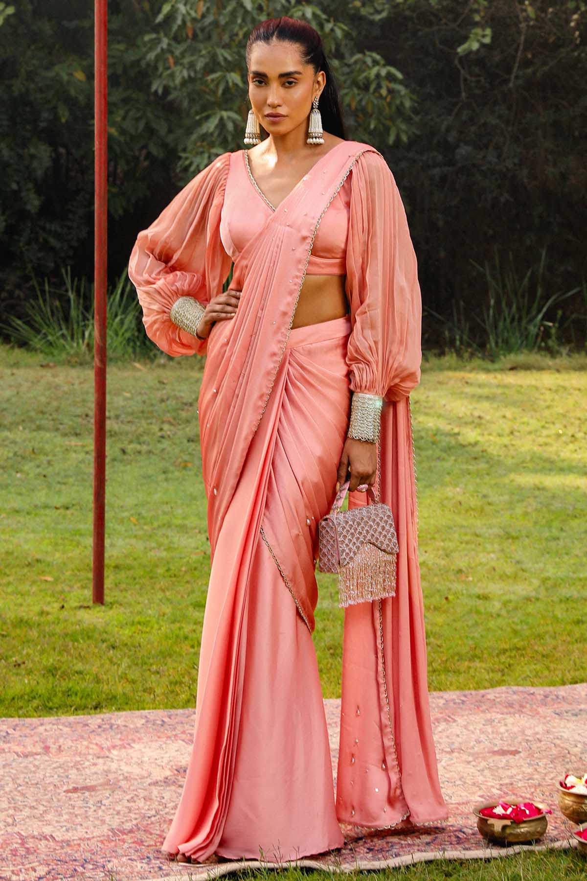 Ajiesh Oberoi Peach Pre-Drape Saree & Blouse for women online at ScrollnShops