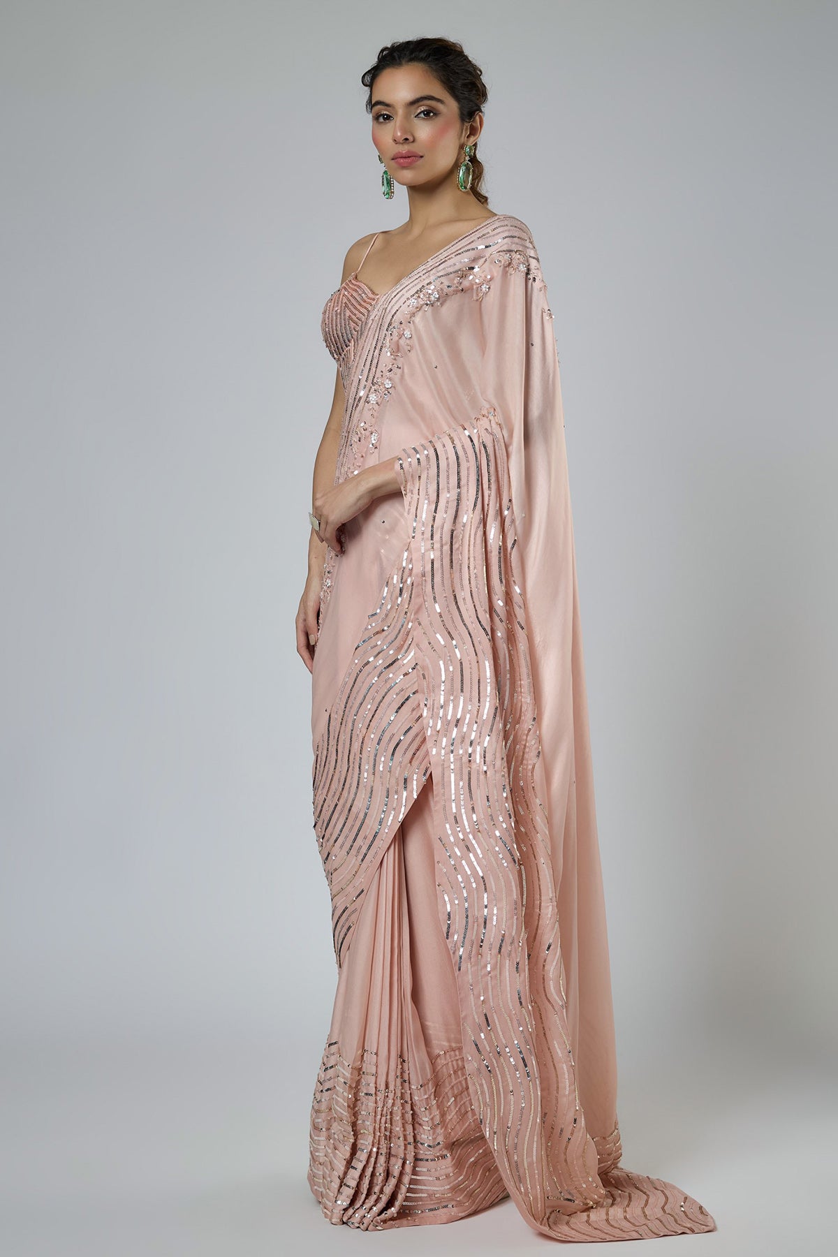 Peach Bemberg Satin Saree Set