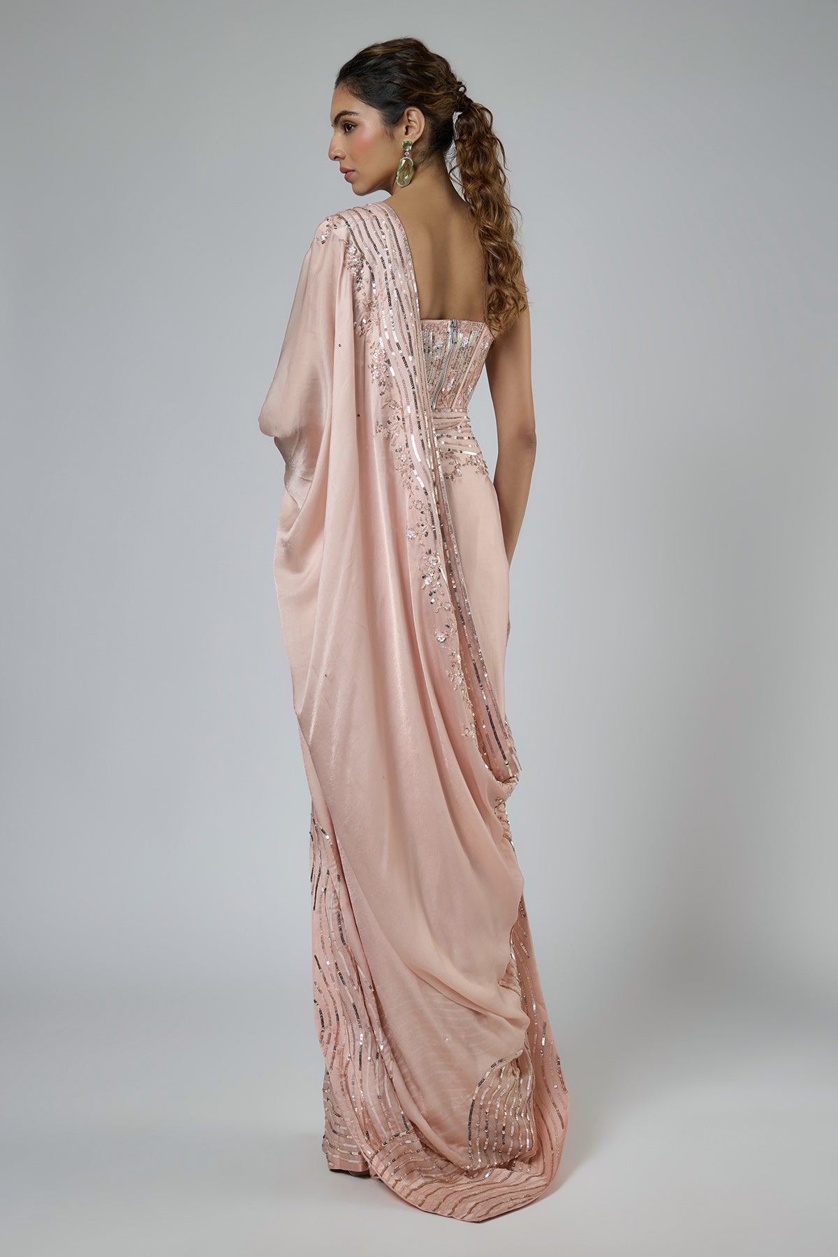 Peach Bemberg Satin Saree Set