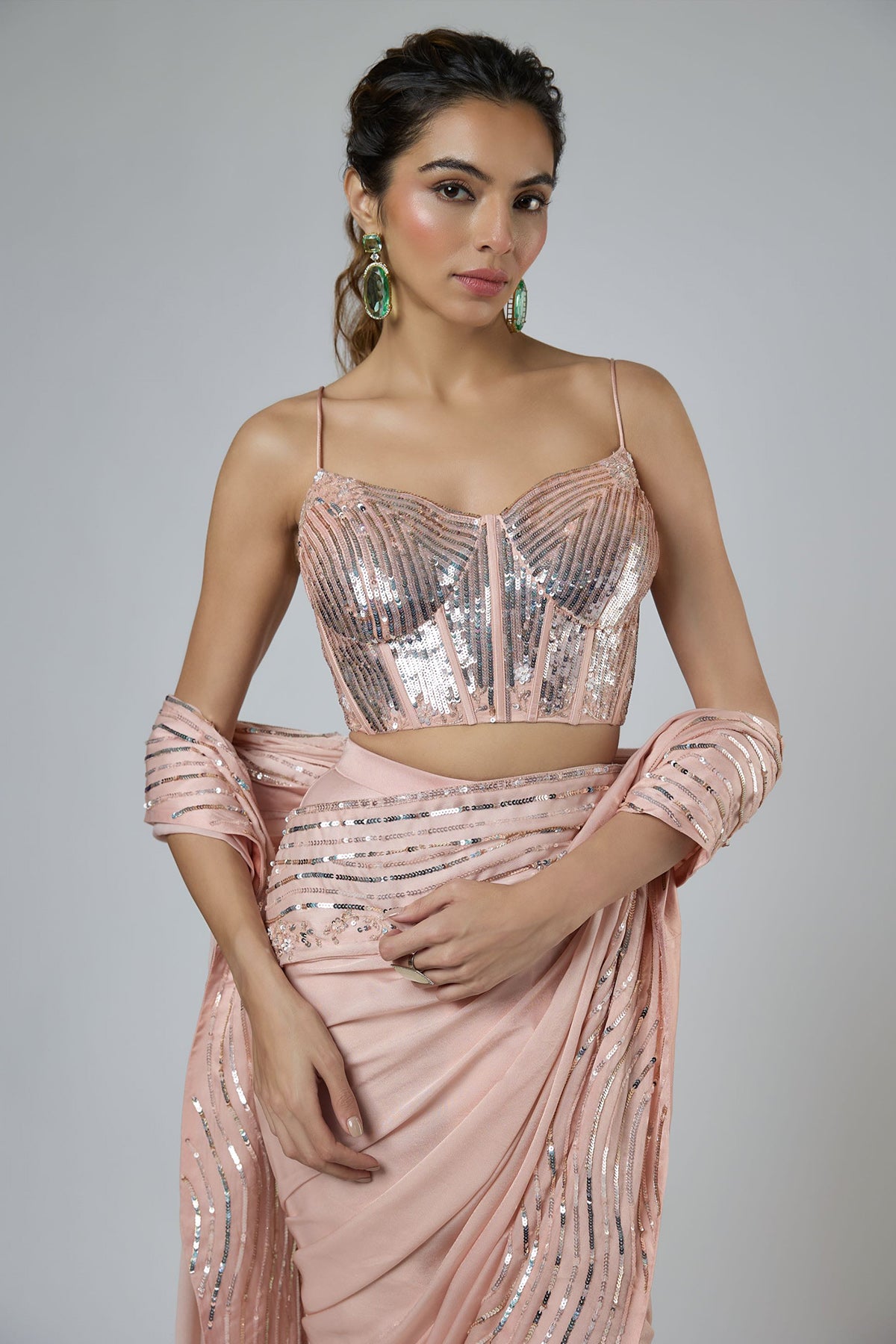 Peach Bemberg Satin Saree Set