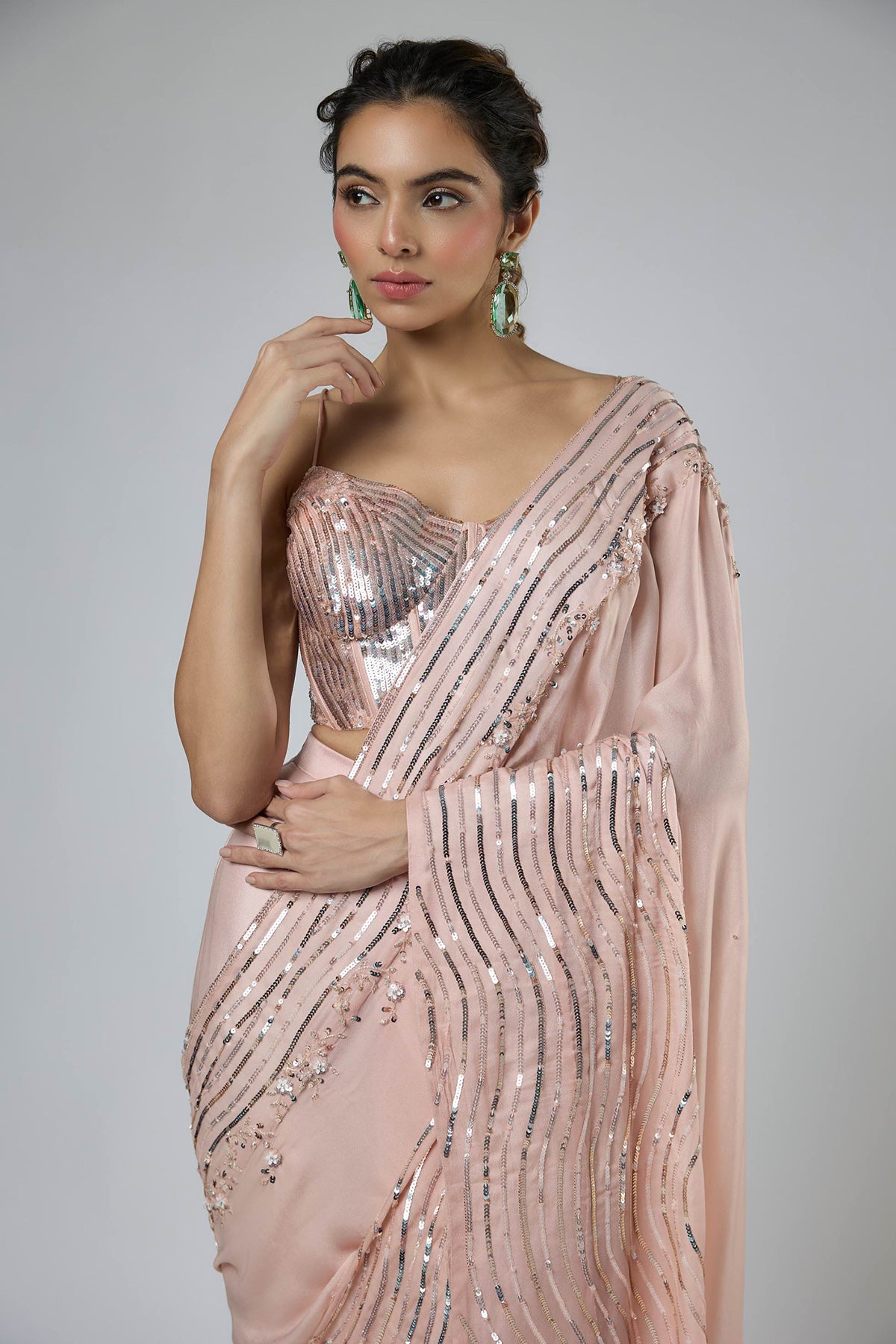 Peach Bemberg Satin Saree Set