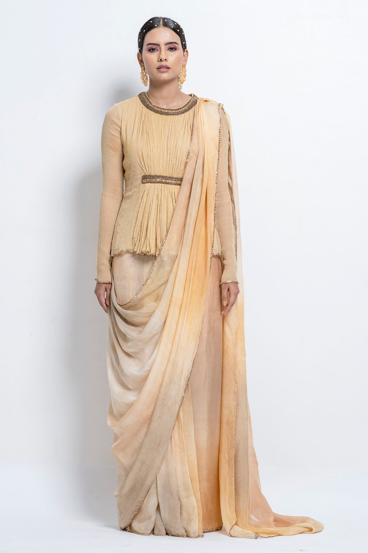 Peach Pre Stitched Saree Set at ScrollnShops