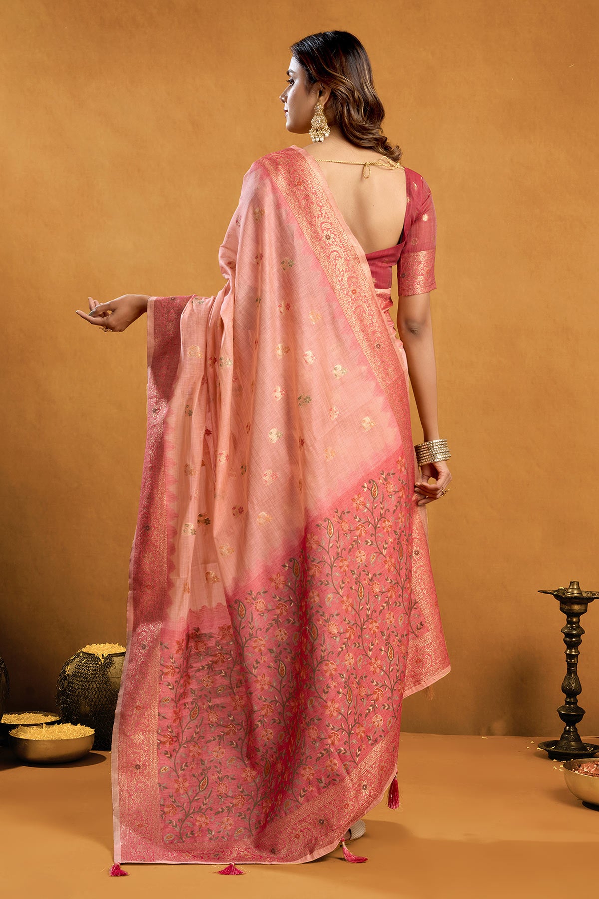 Peach Premium Cotton Zari Saree
