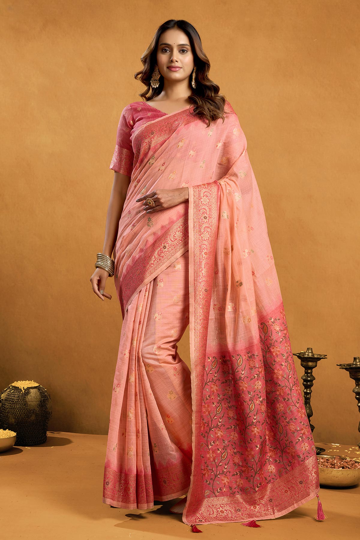 Buy Peach Premium Cotton Zari Saree for women by Jyoti Fashion online available at scrollnshops