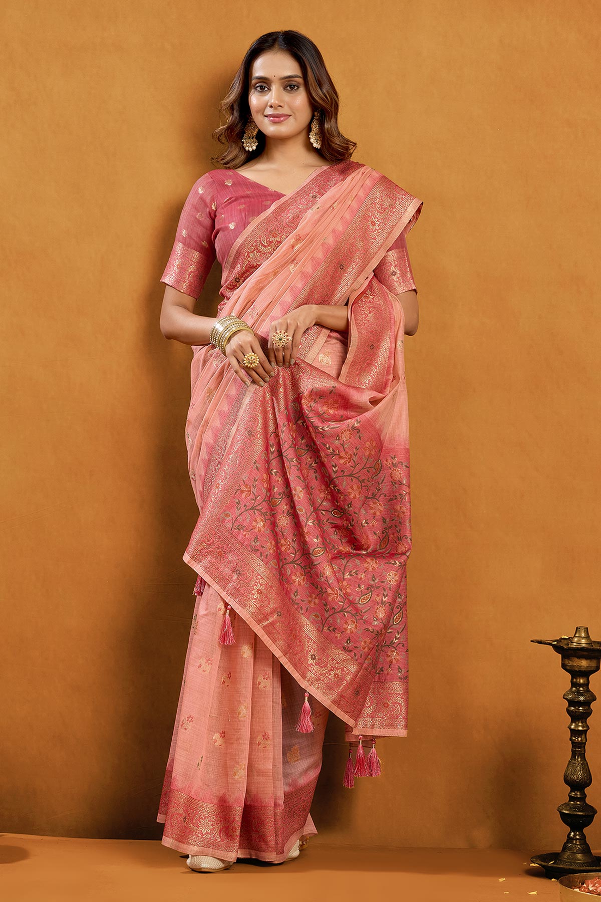 Peach Premium Cotton Zari Saree