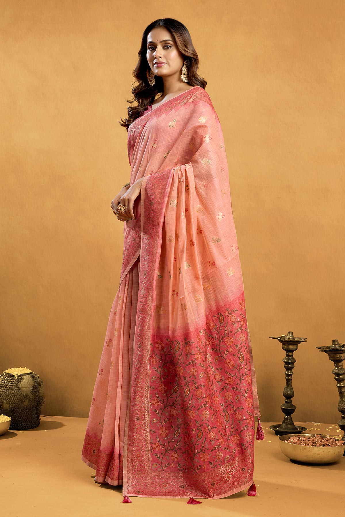 Peach Premium Cotton Zari Saree