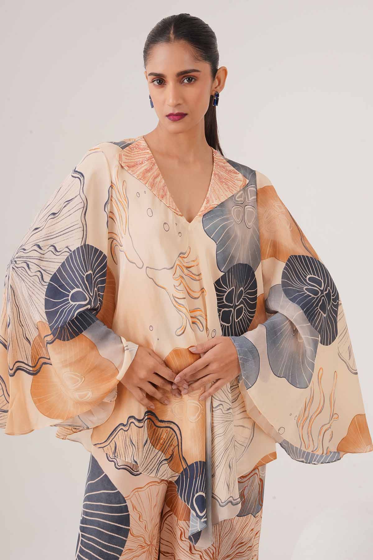 Peach Print Collar Top & Pants