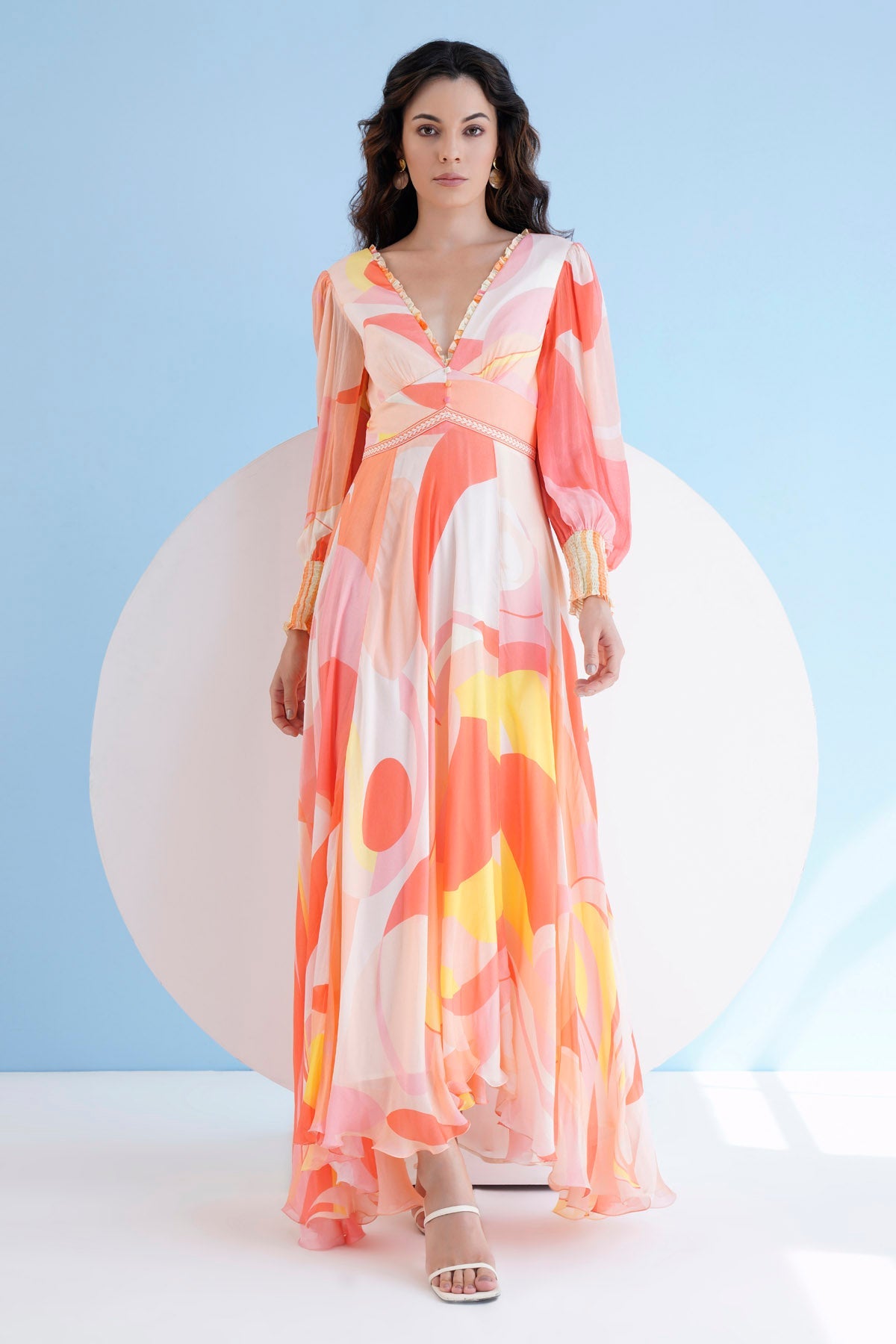 Buy Peach Print Long Chiffon Dress by Mandira Wirk