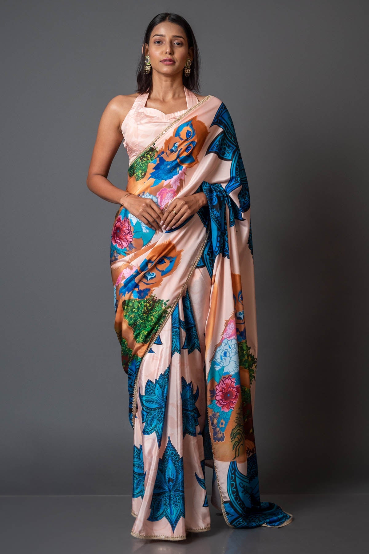 Buy Klothinn Peach Printed Saree: Elegant Ensemble for women At ScrollnShops
