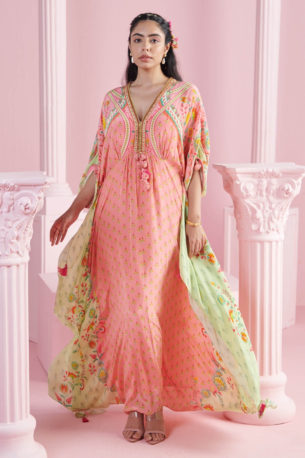 Buy Peach Printed V-Neck Kaftan by Mandira Wirk