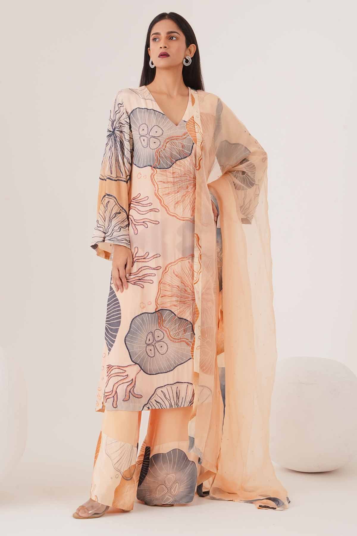 Buy Peach Printed V-Neck Kurta Set by Shristi Chetani for women online at ScrollnShops