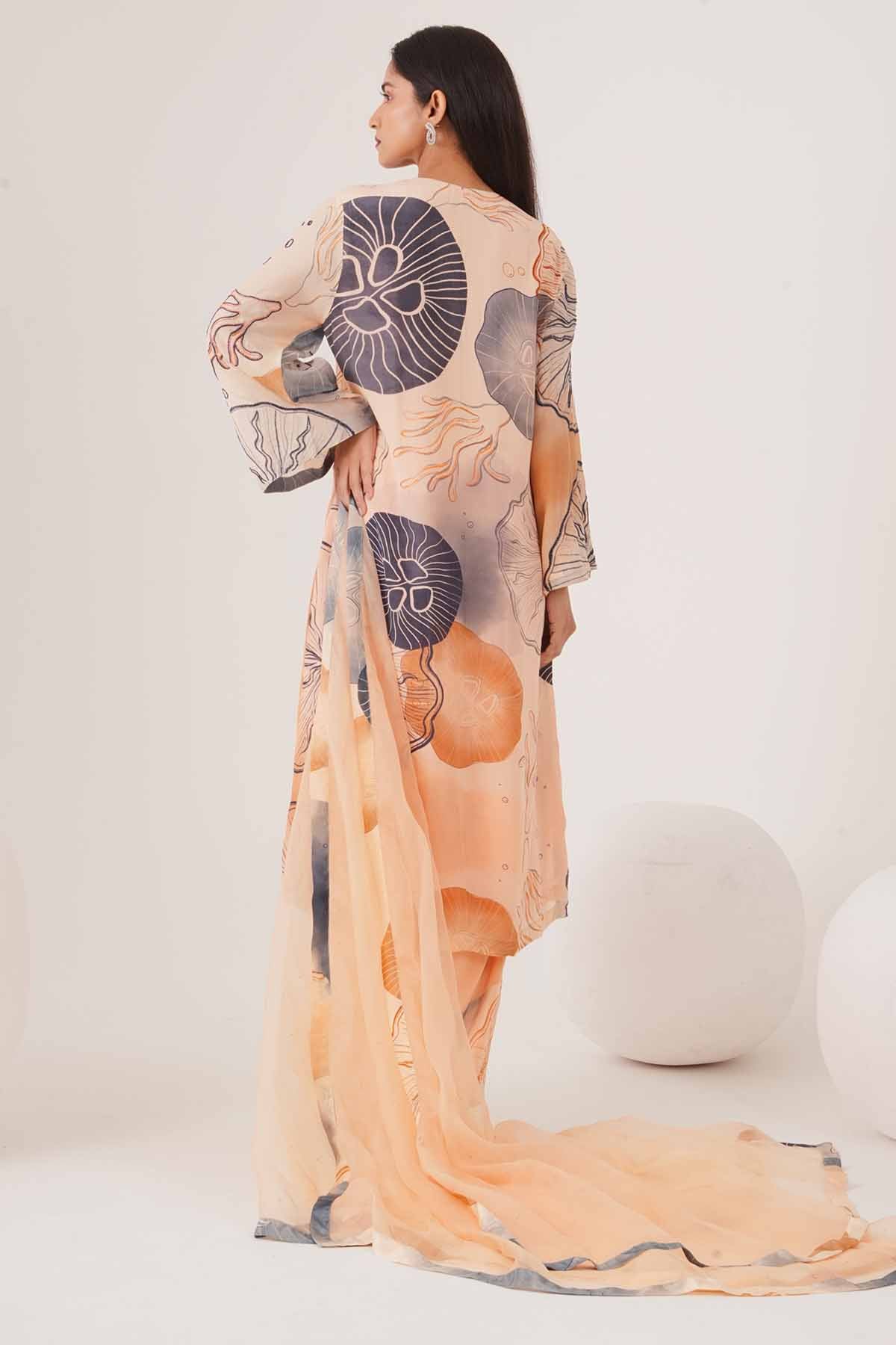 Peach Printed V-Neck Kurta Set