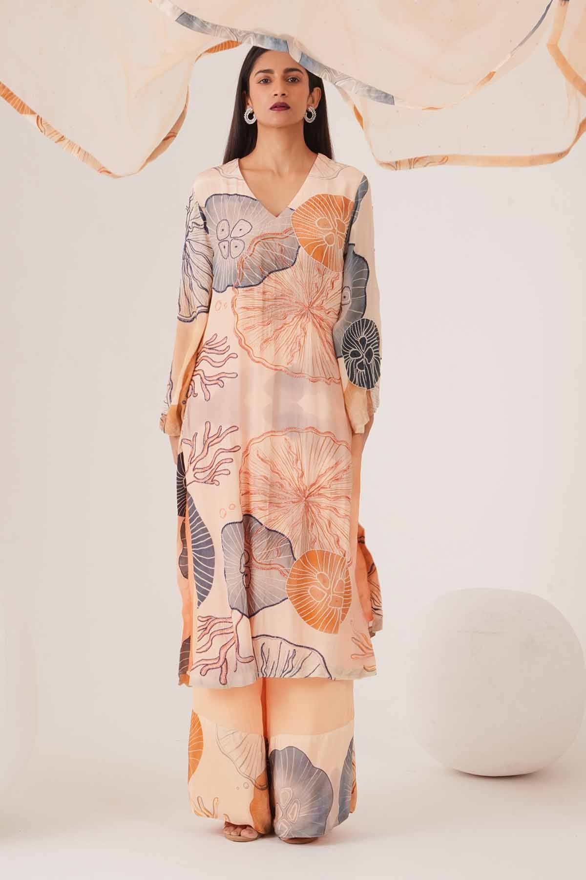 Peach Printed V-Neck Kurta Set