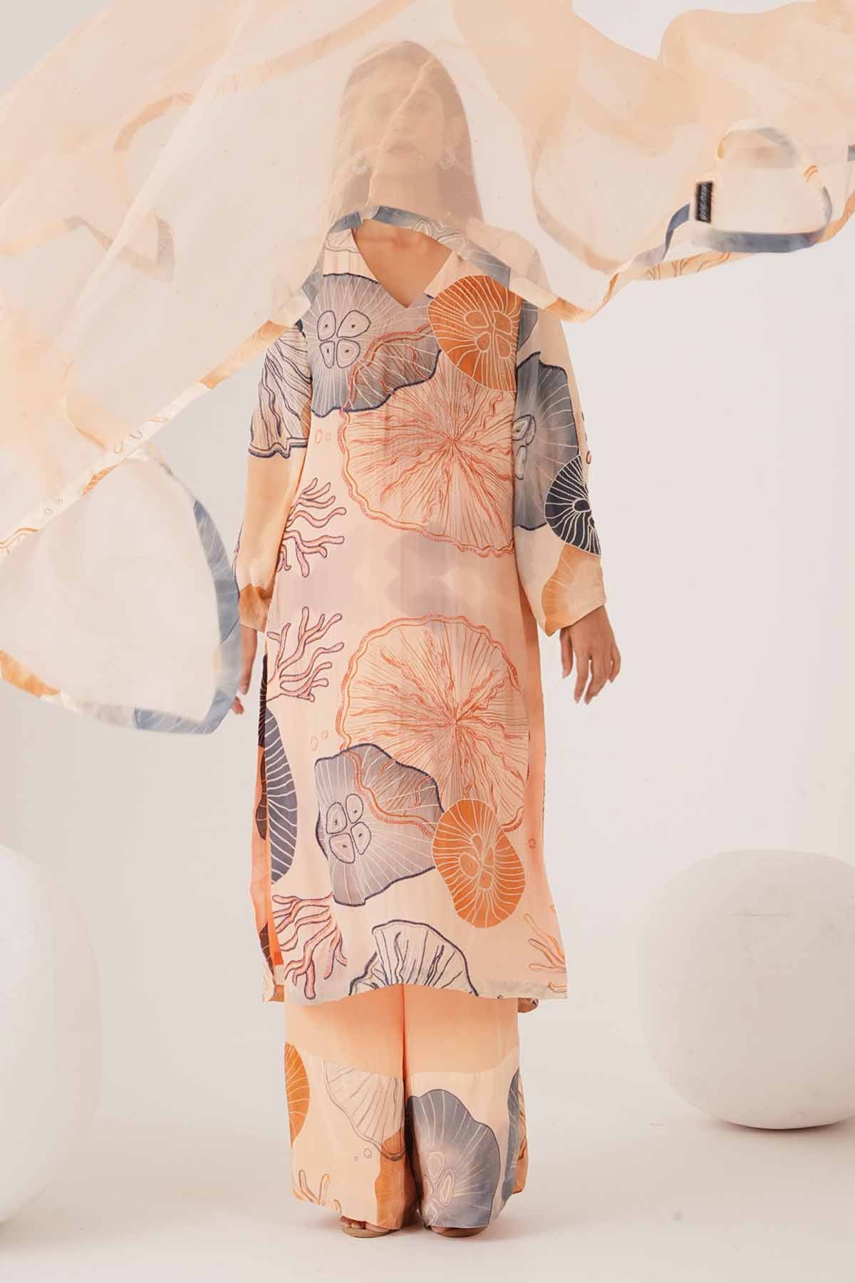 Peach Printed V-Neck Kurta Set