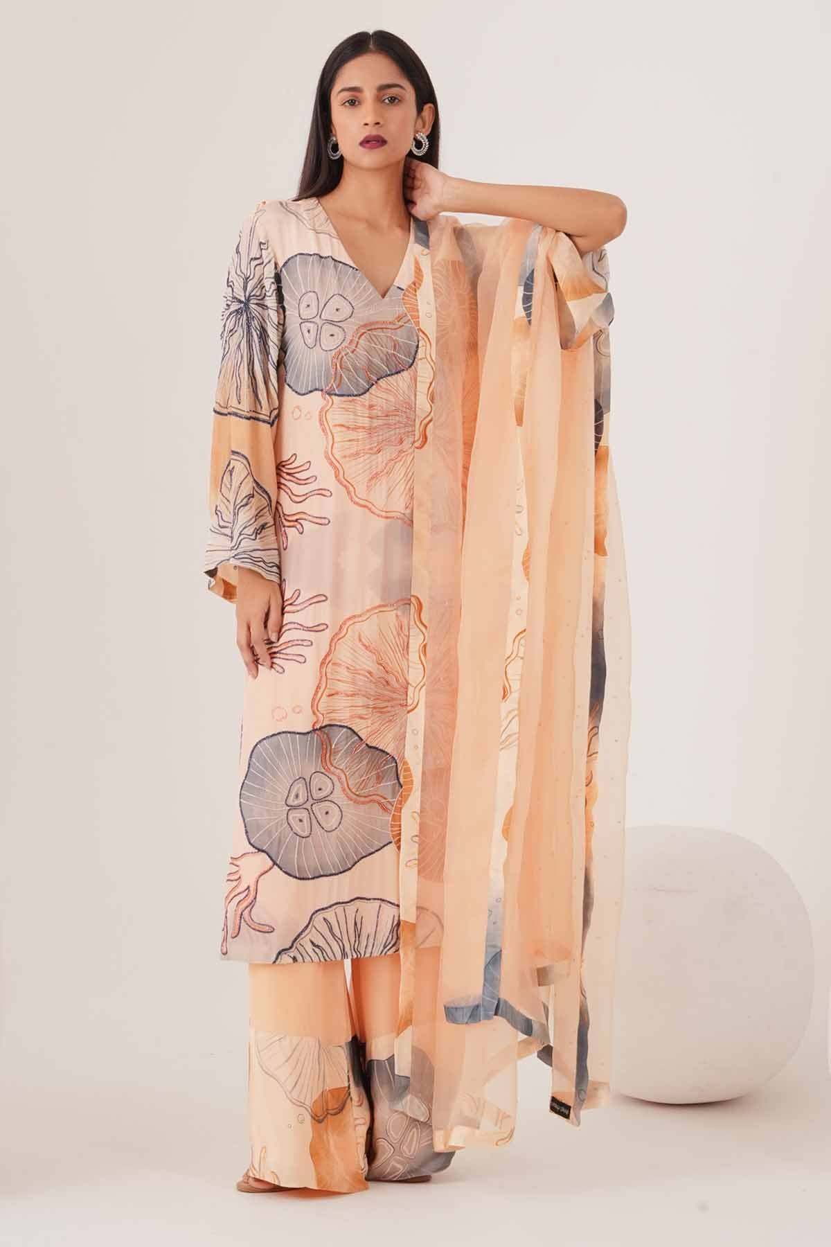 Peach Printed V-Neck Kurta Set