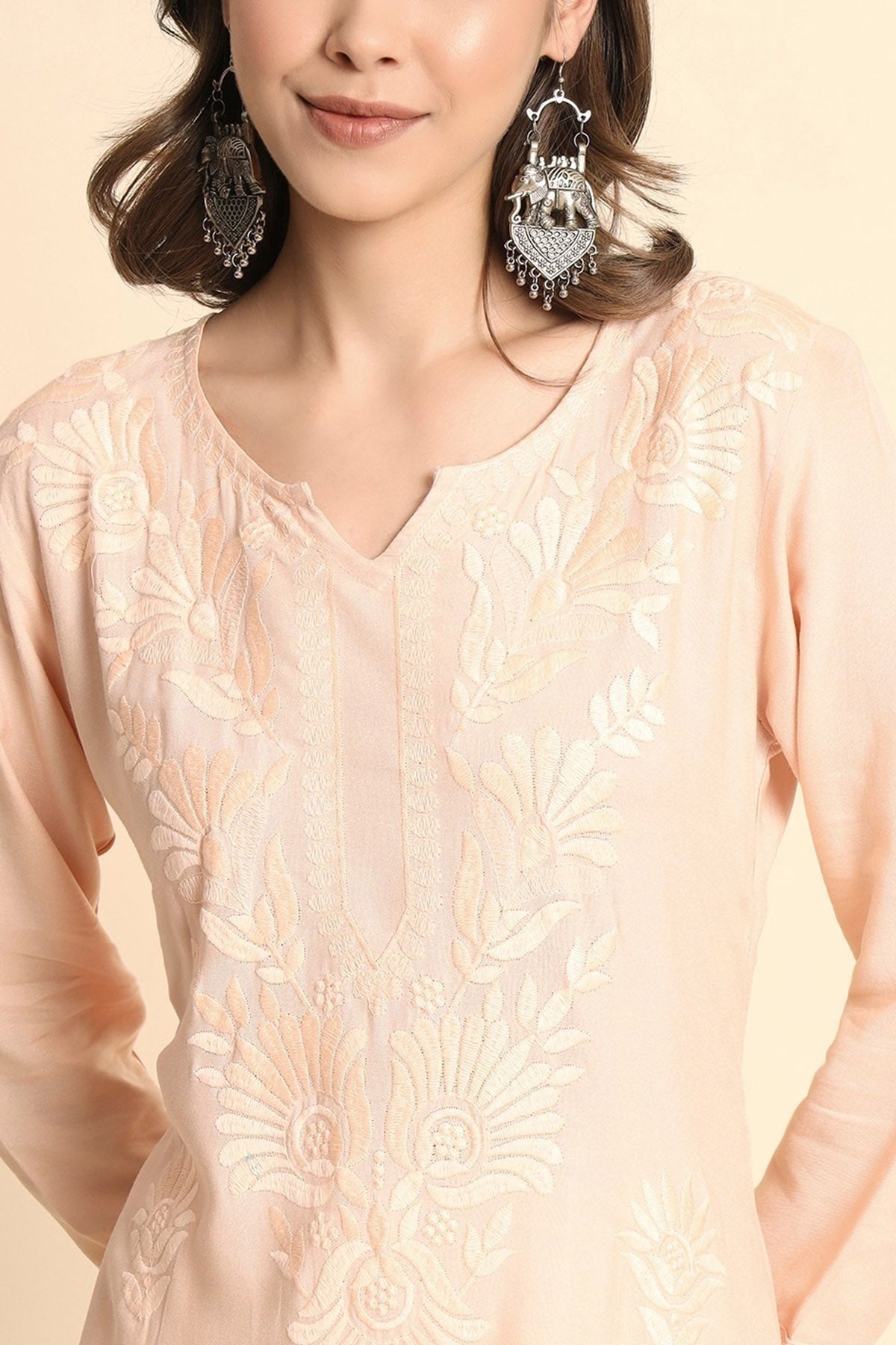 Peach Rayon Chikankari Kurta