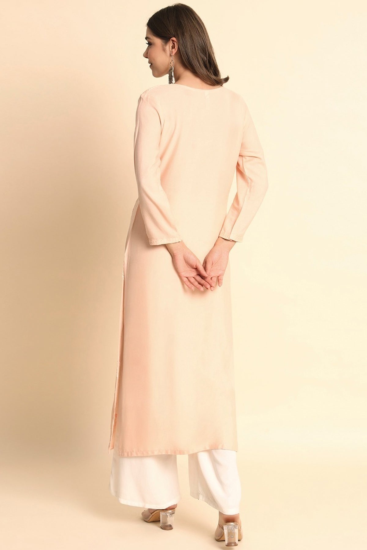Peach Rayon Chikankari Kurta