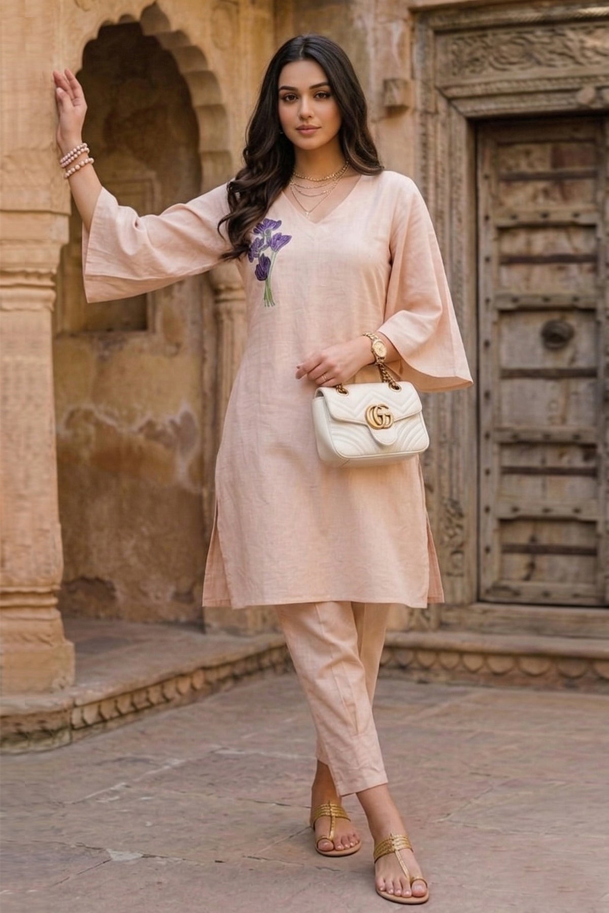 Peach Resham Work Kurta & Pant