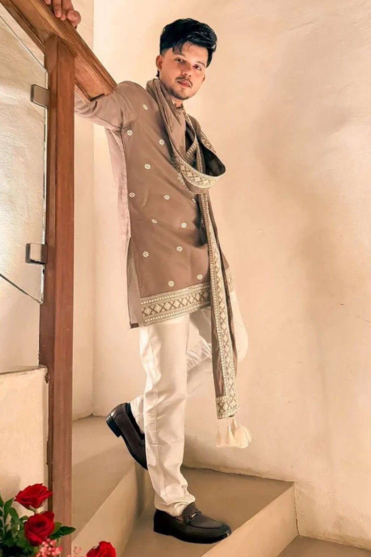 Peach Rolex Embroidered Kurta