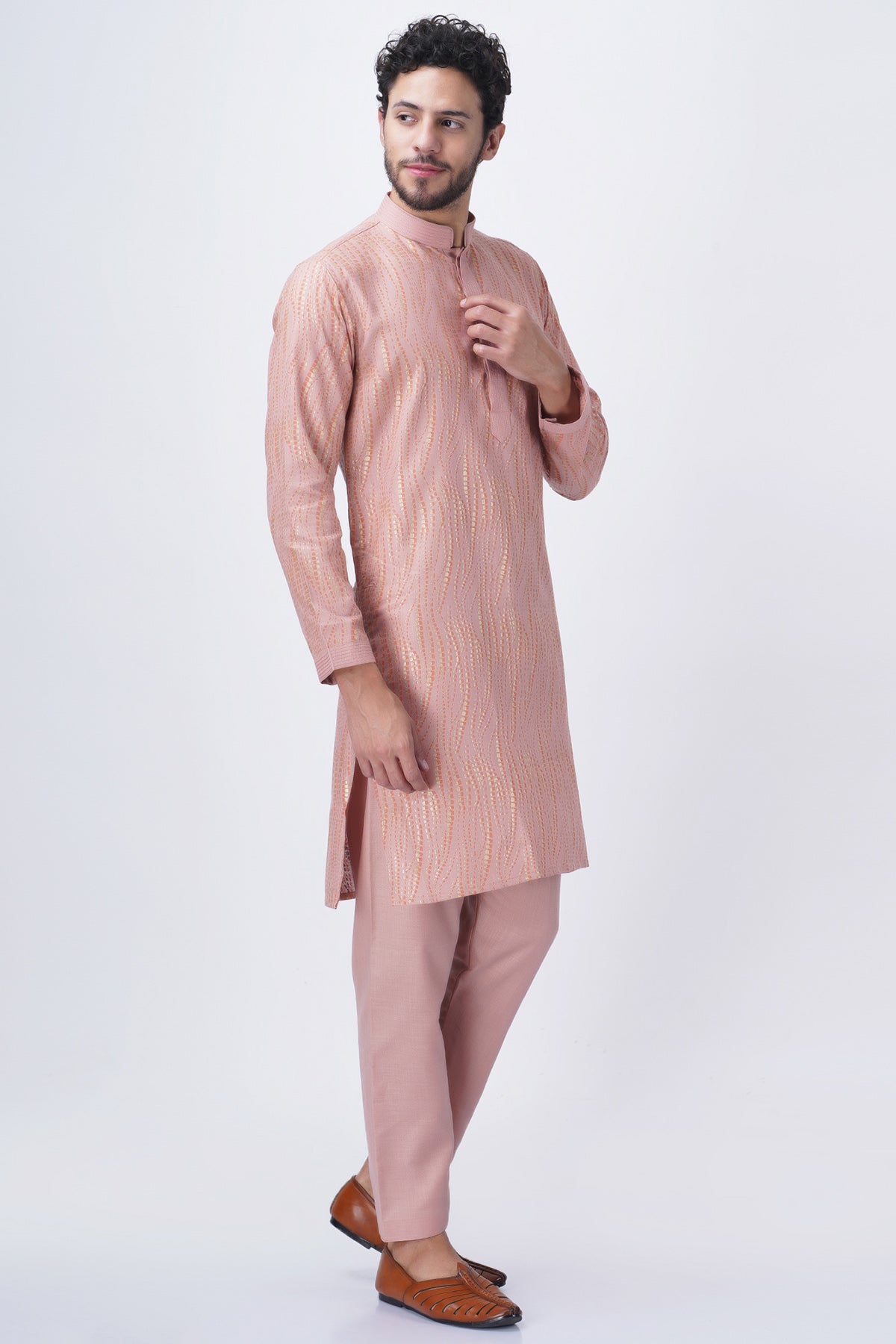 Peach Ruby Silk Print Kurta Set