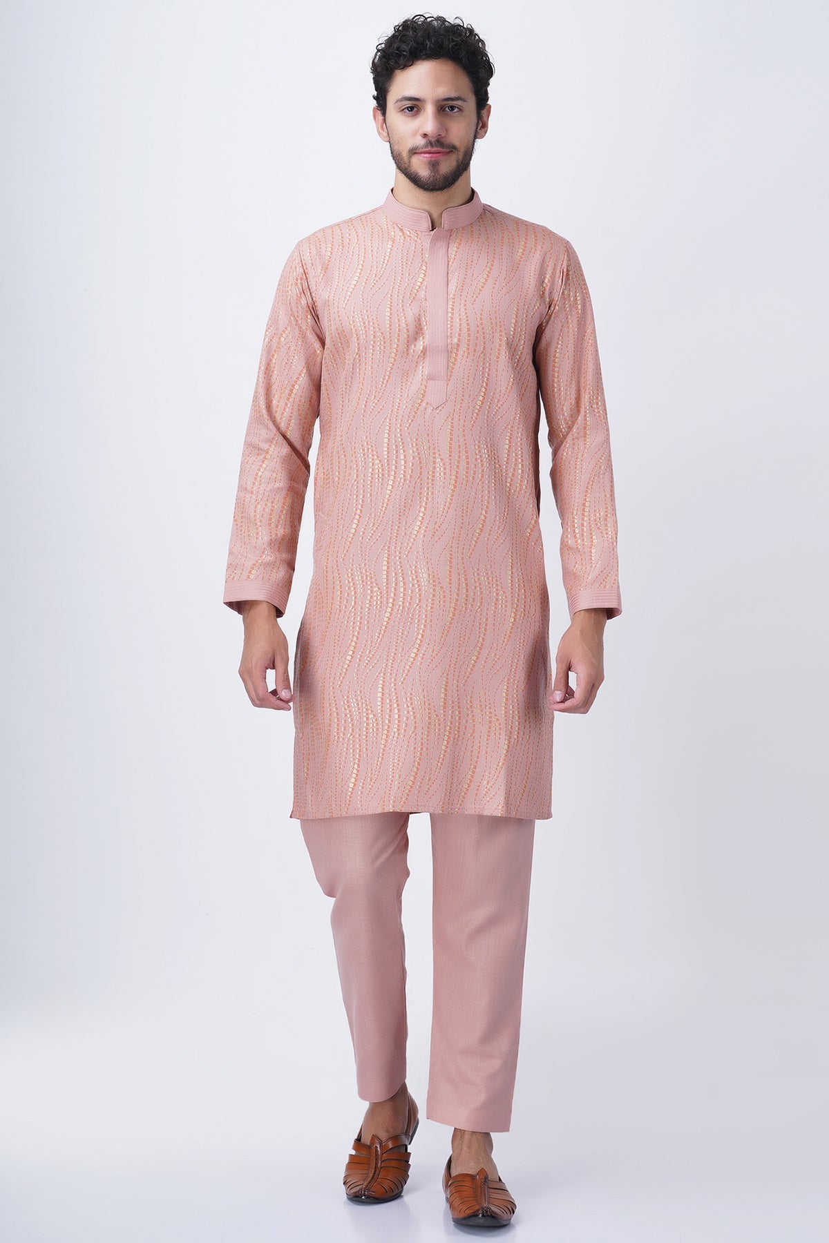 Buy Peach Ruby Silk Print Kurta Set by Manish Nagdeo for Men online at ScrollnShops