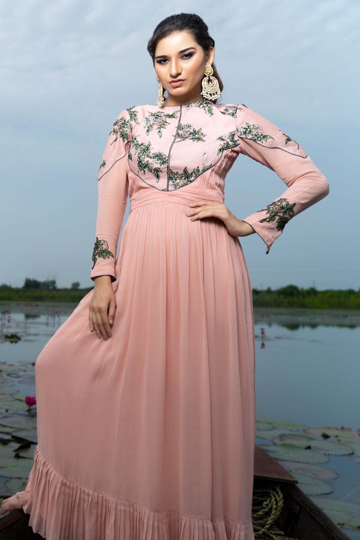 Peach Sequins Embellished Dress