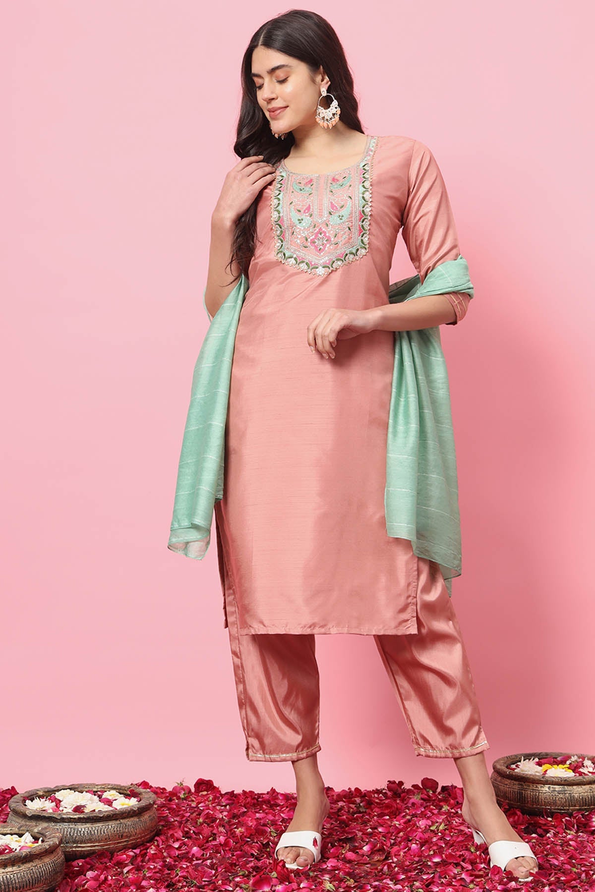 Buy Peach Silk Blend Yoke Kurta Set for women by Aastha Fashion online available at scrollnshops