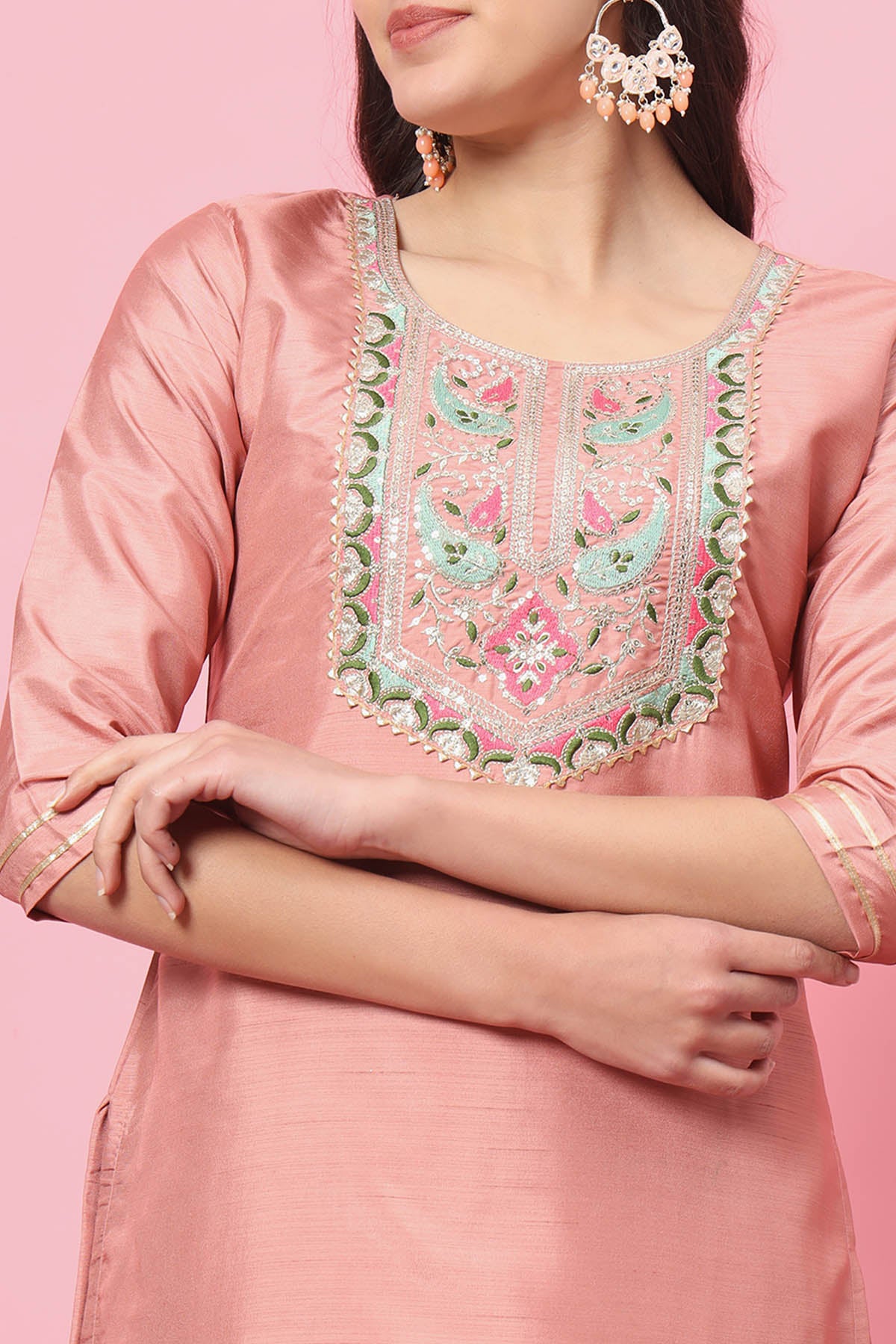 Peach Silk Blend Yoke Kurta Set