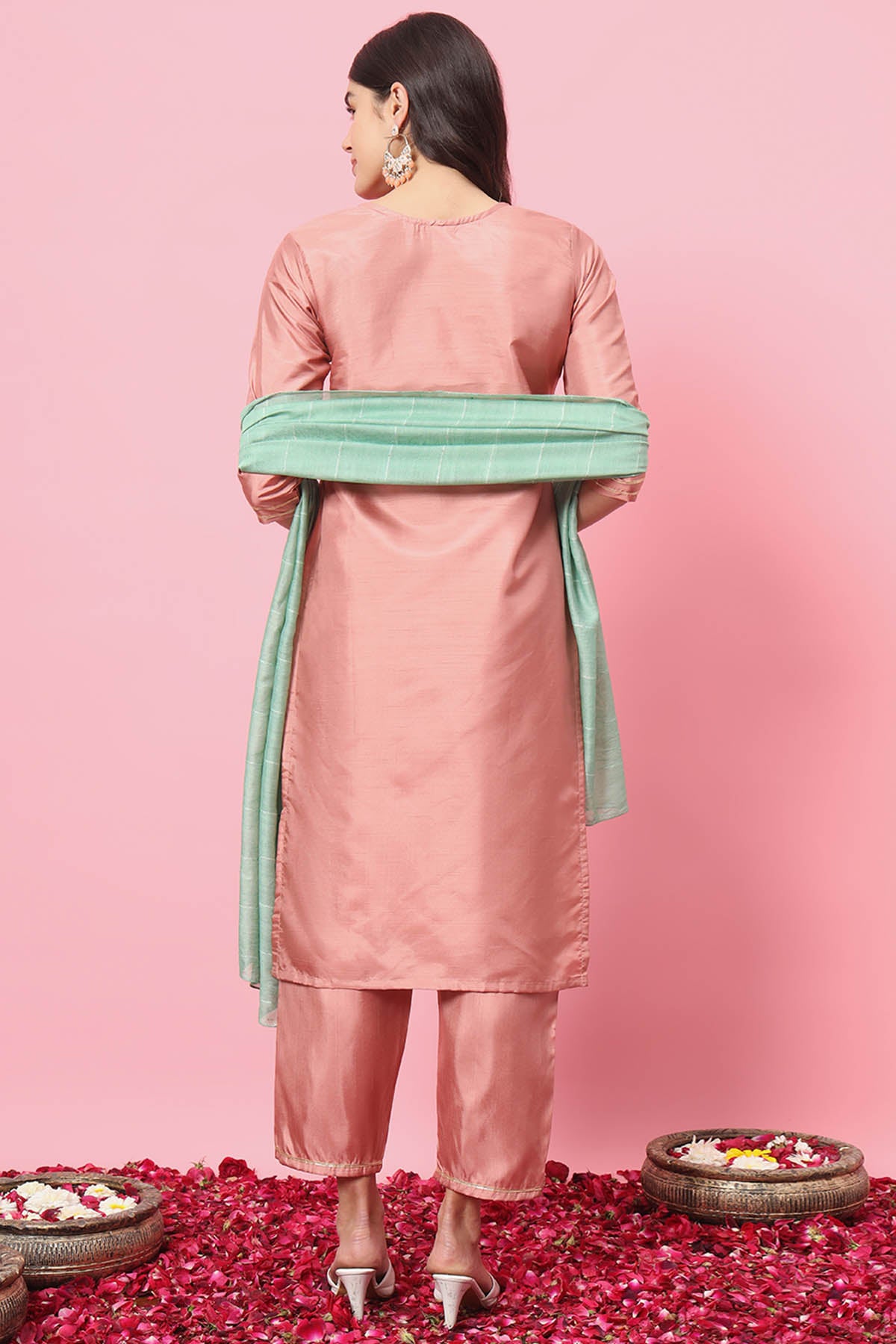 Peach Silk Blend Yoke Kurta Set
