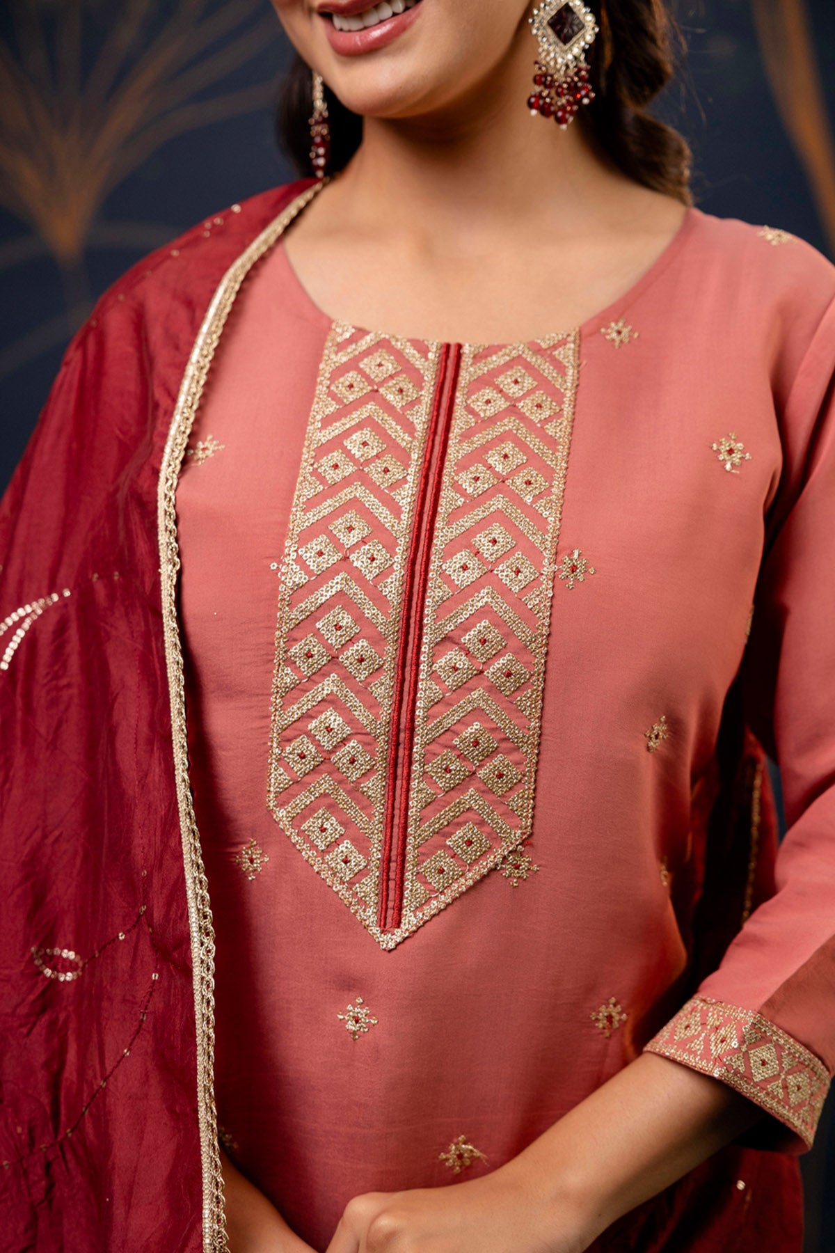 Peach Silk Buta Work Kurta Set