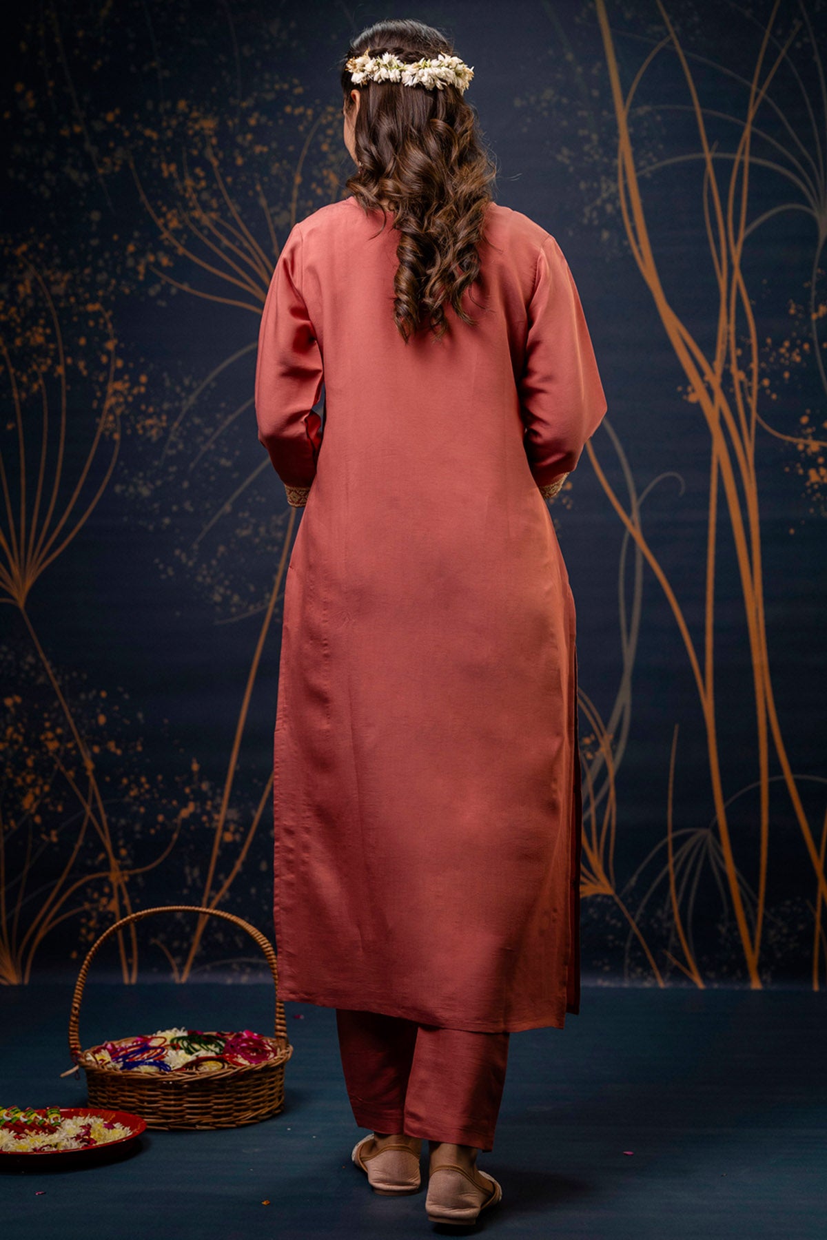 Peach Silk Buta Work Kurta Set